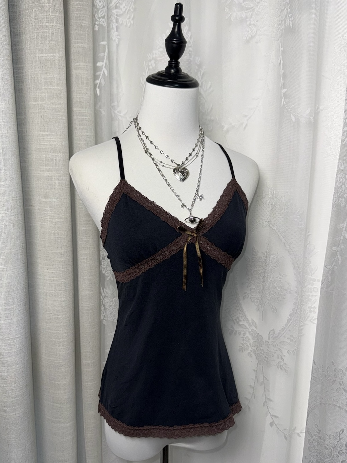 Vintage Espresso Black & Brown Lace Trim Cami Top