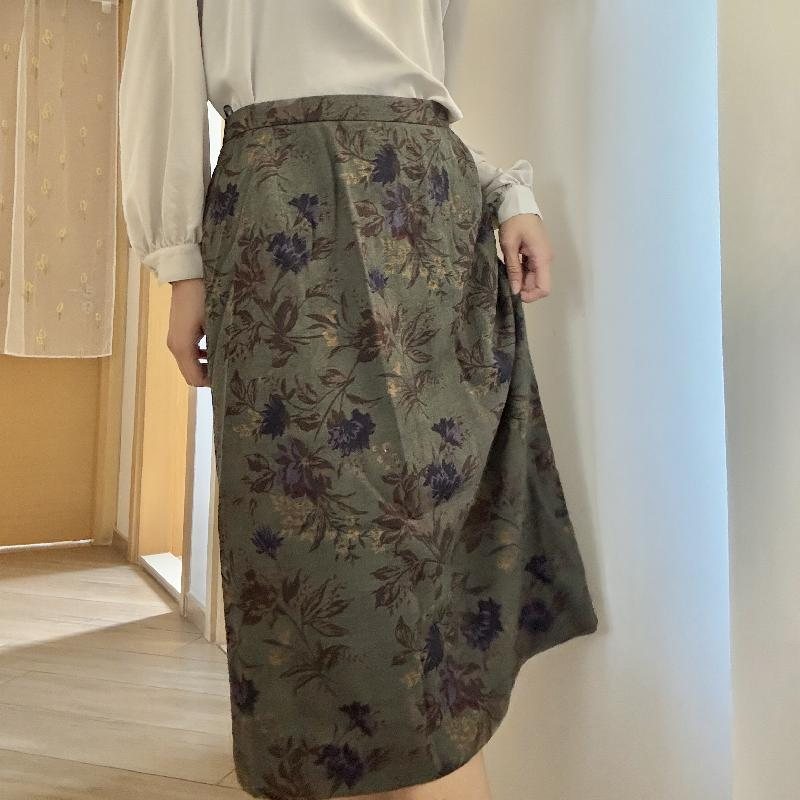 Vintage Japanese IMAGINA 15% Wool Textured Floral Pattern Green Skirt -Waist 29-30"(MT1606)