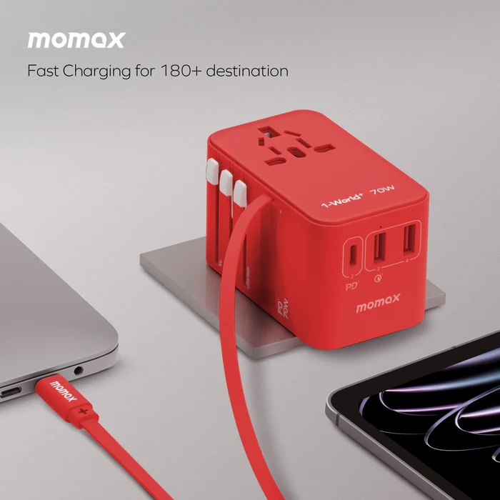Momax 1-World+ 70W GaN 3插口及內置伸縮USB-C充電線旅行插座(黑色)