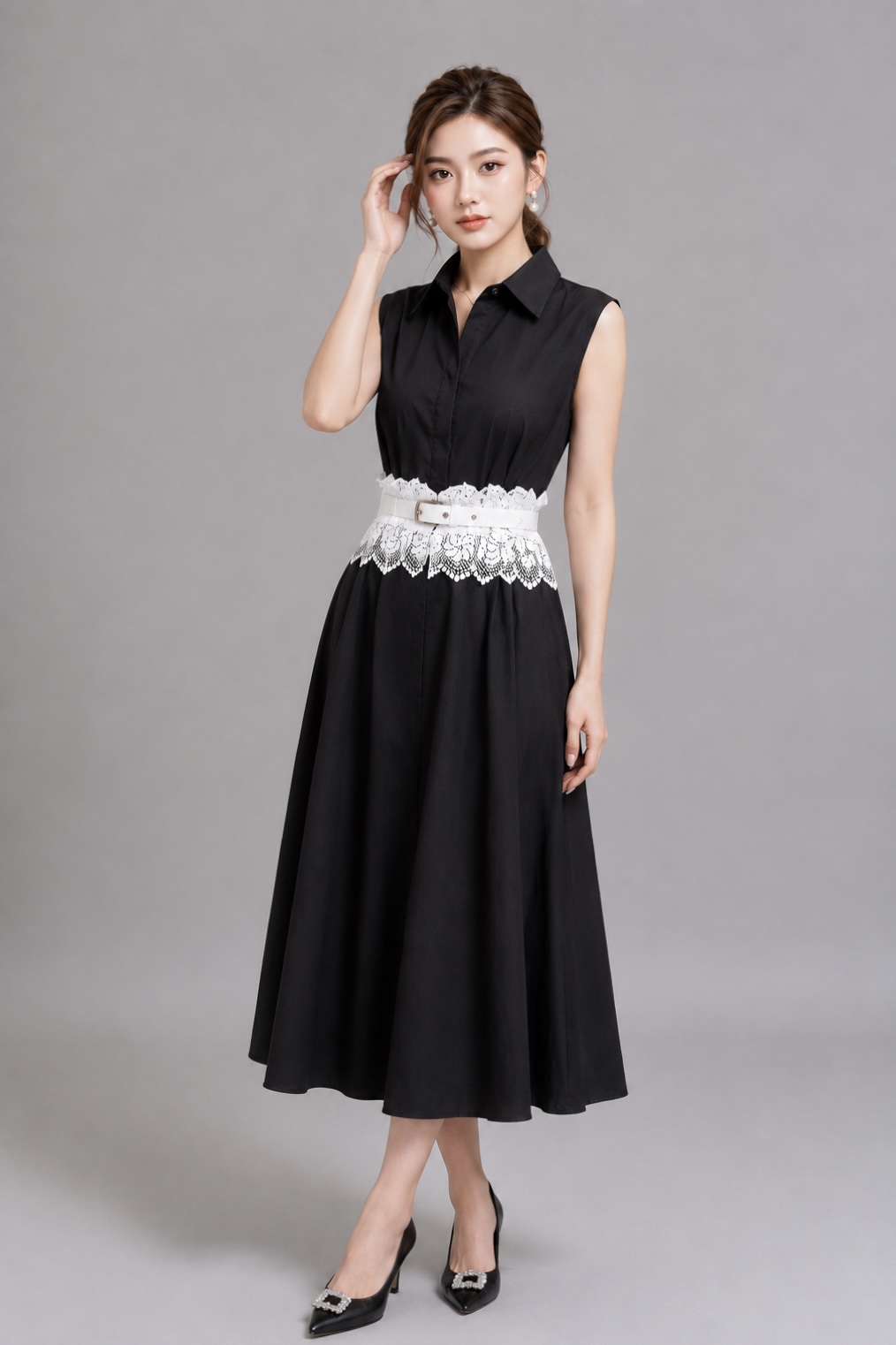 1501BD Sleeveless Collared Fit & Flare Midi Dress