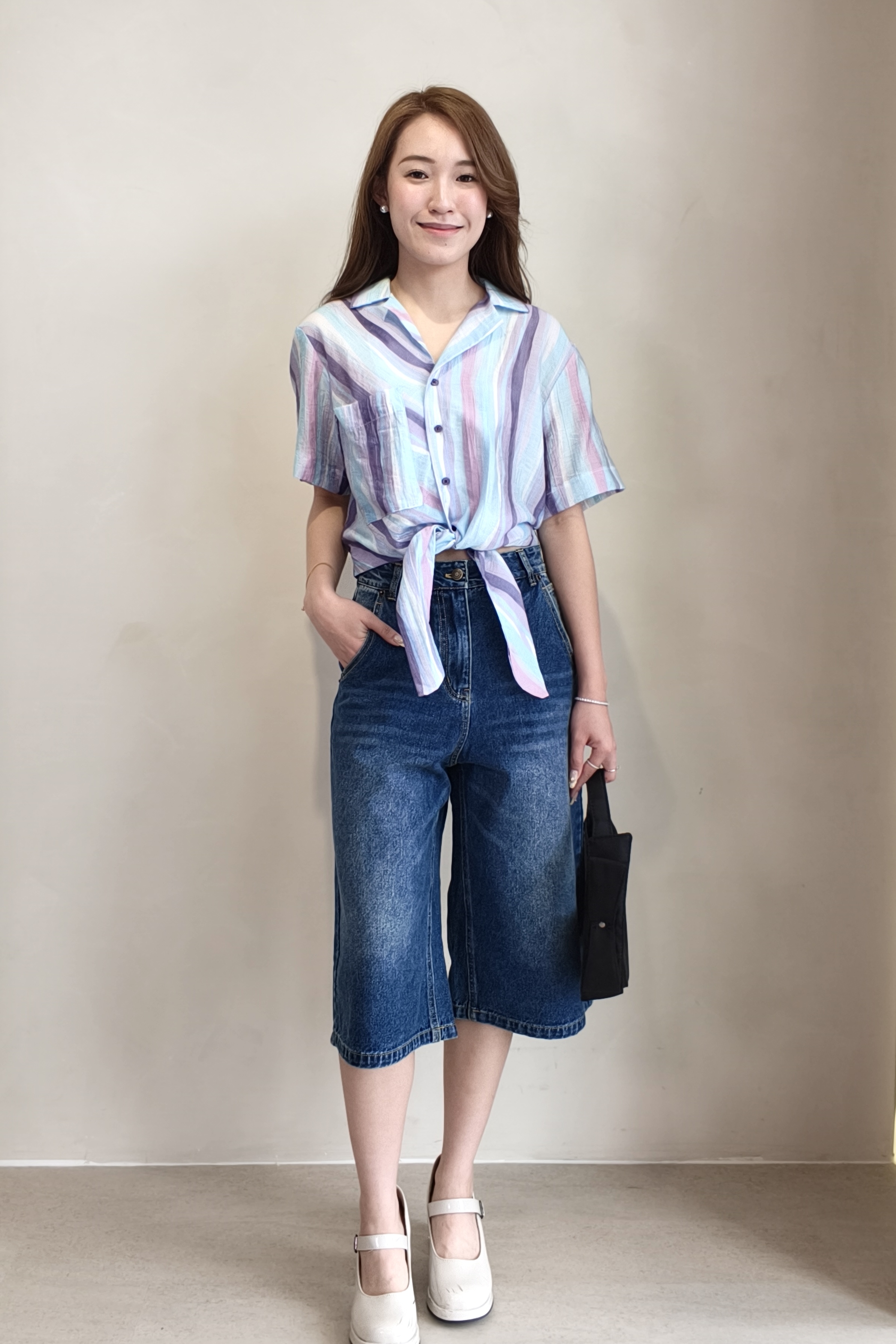 CP1657 High-Waisted Wide-Leg Denim Bermuda Shorts 