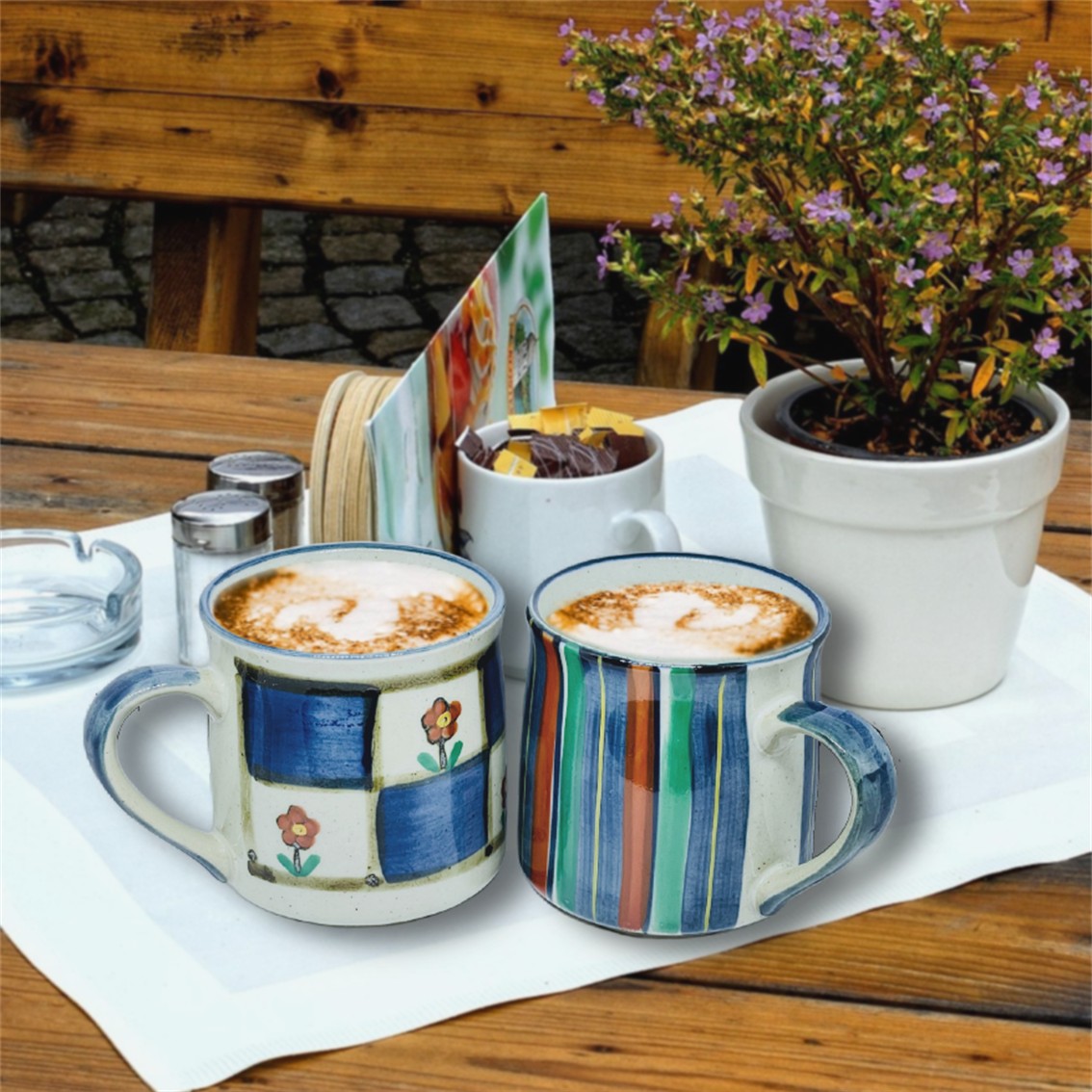 【日本製】美濃燒陶瓷條子小花駌鴦馬克杯套裝 (290ml @)