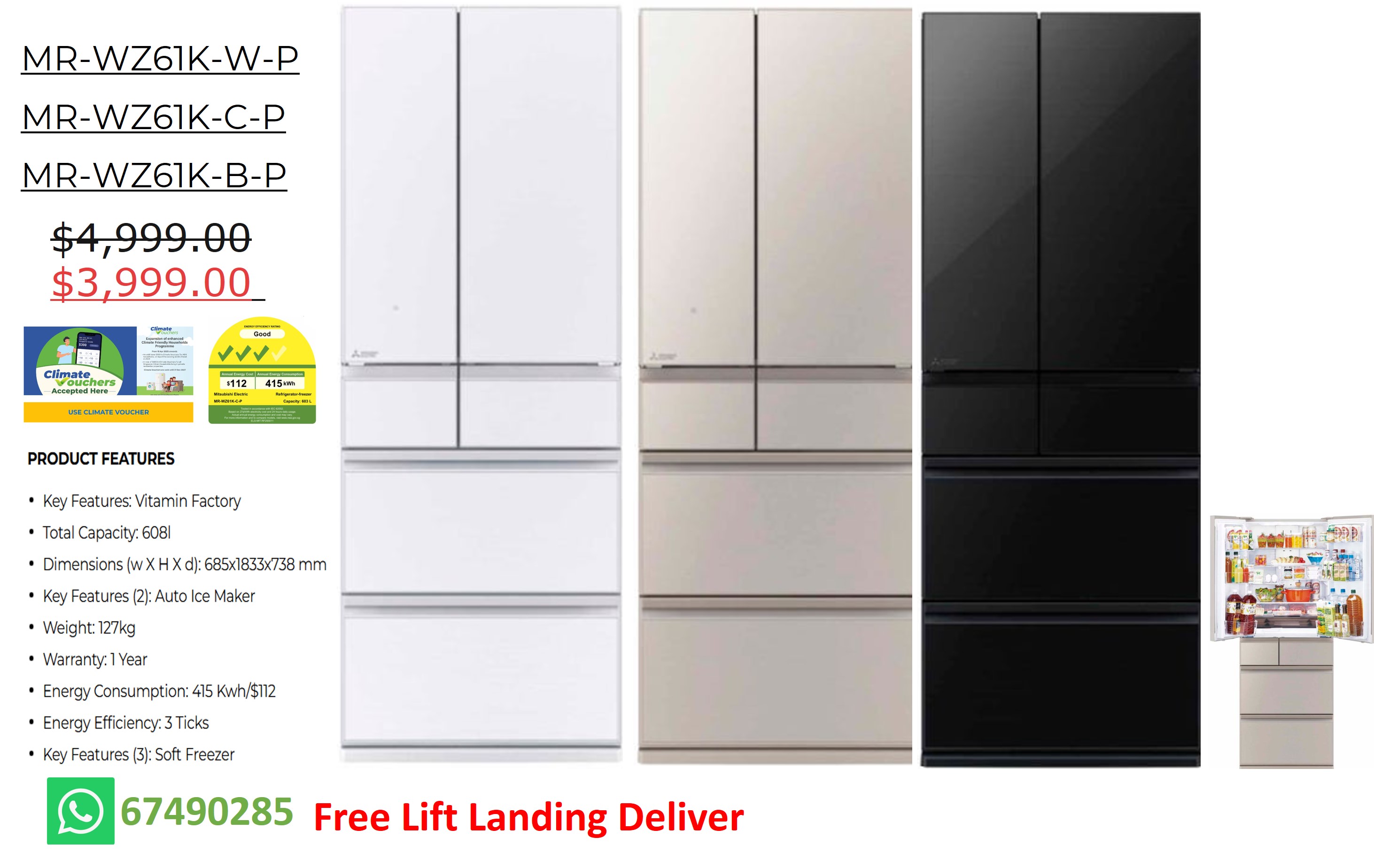 MITSUBISHI MR-WZ61K-C-P MULTI DOOR FRIDGE (547L) - GLASS GREIGE