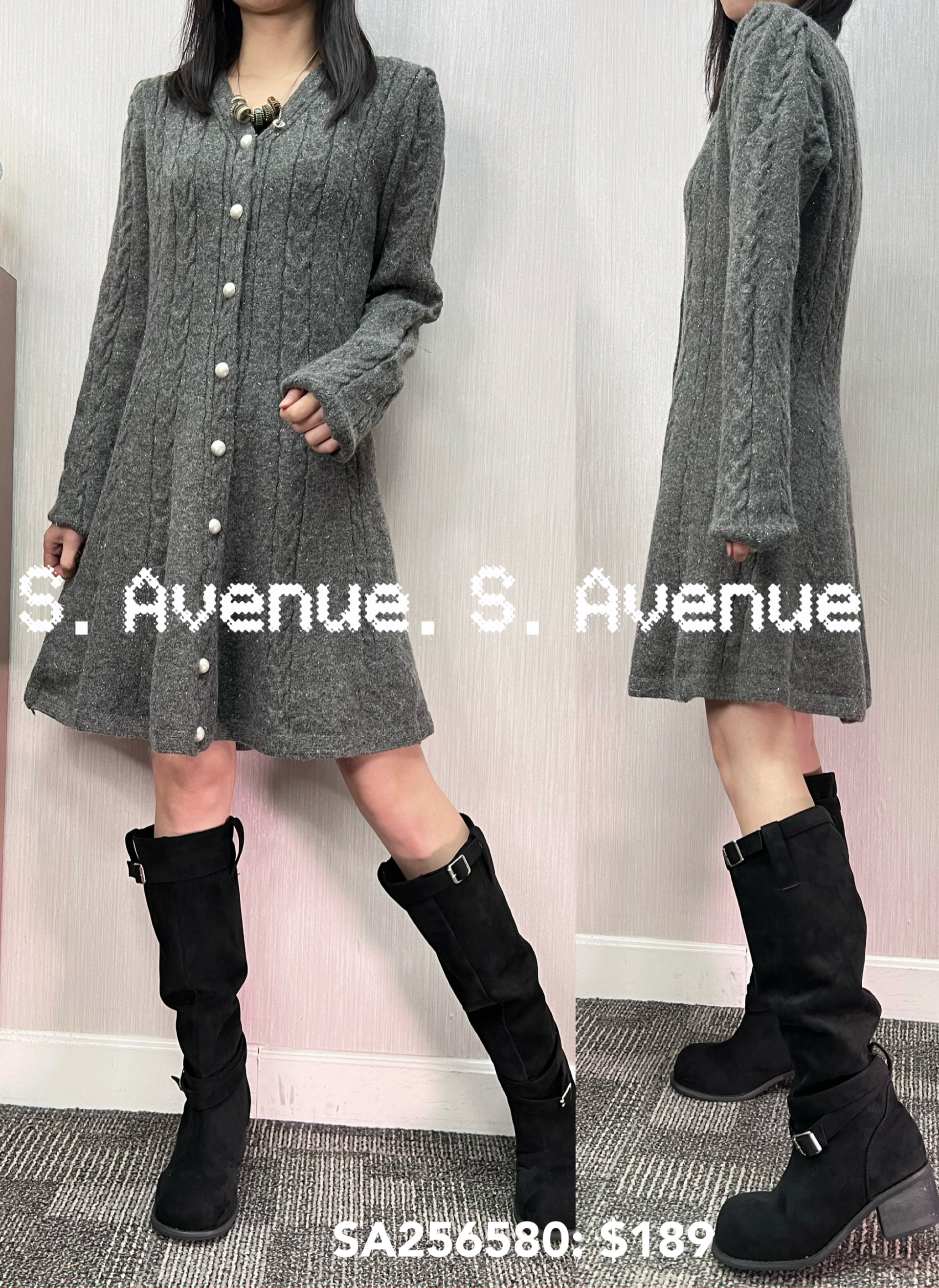 SA256580: 長袖V領有鈕織織花魚尾op