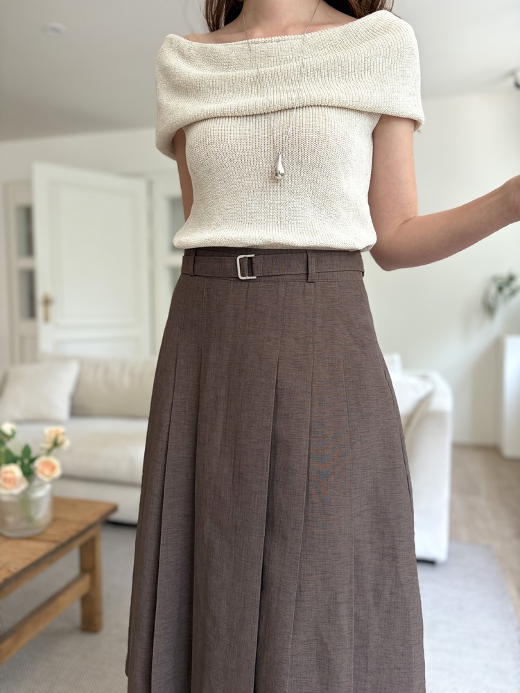 Linen Blend Pleated Skirt (Brown)