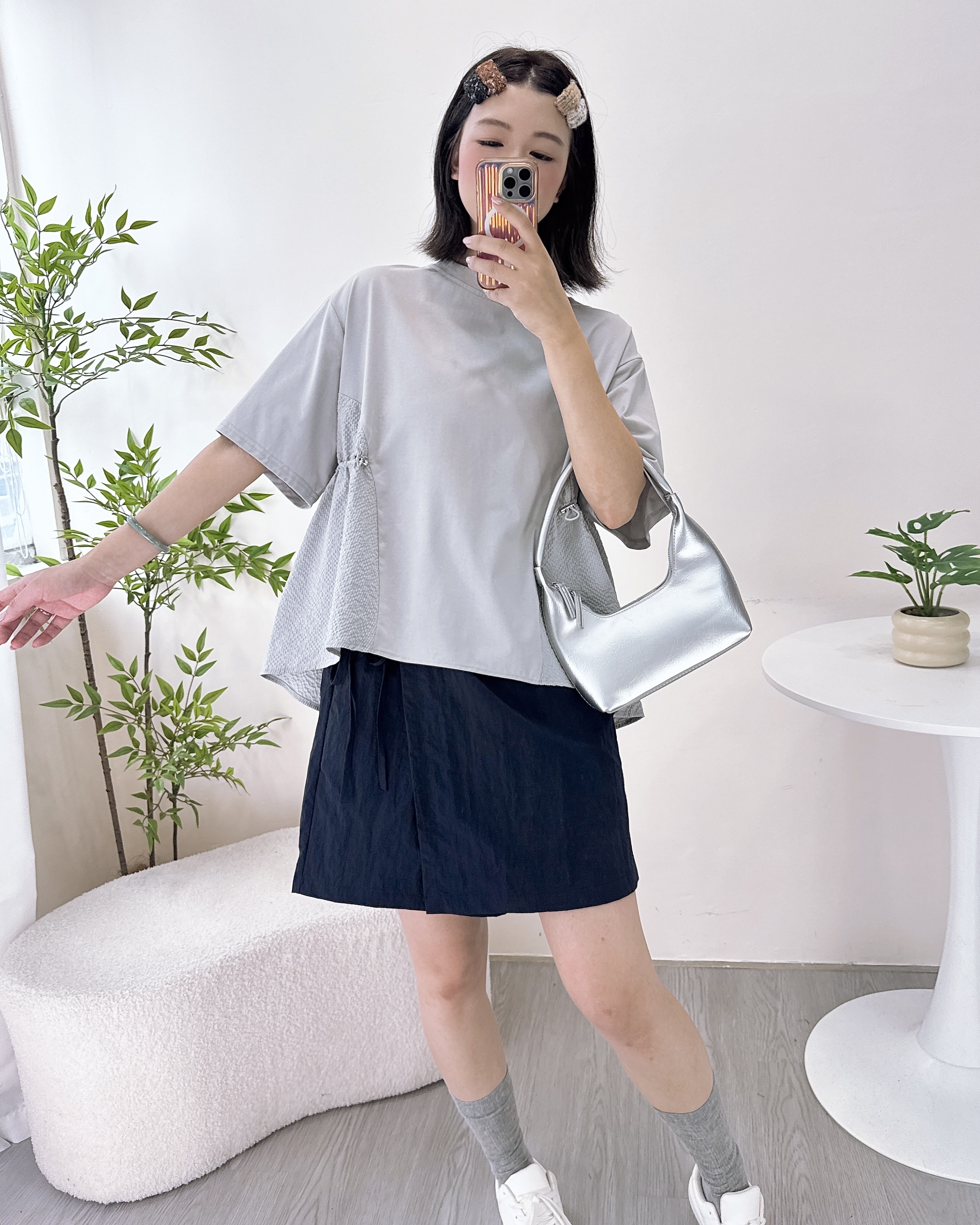 寬鬆側索繩拼布上衣 3色