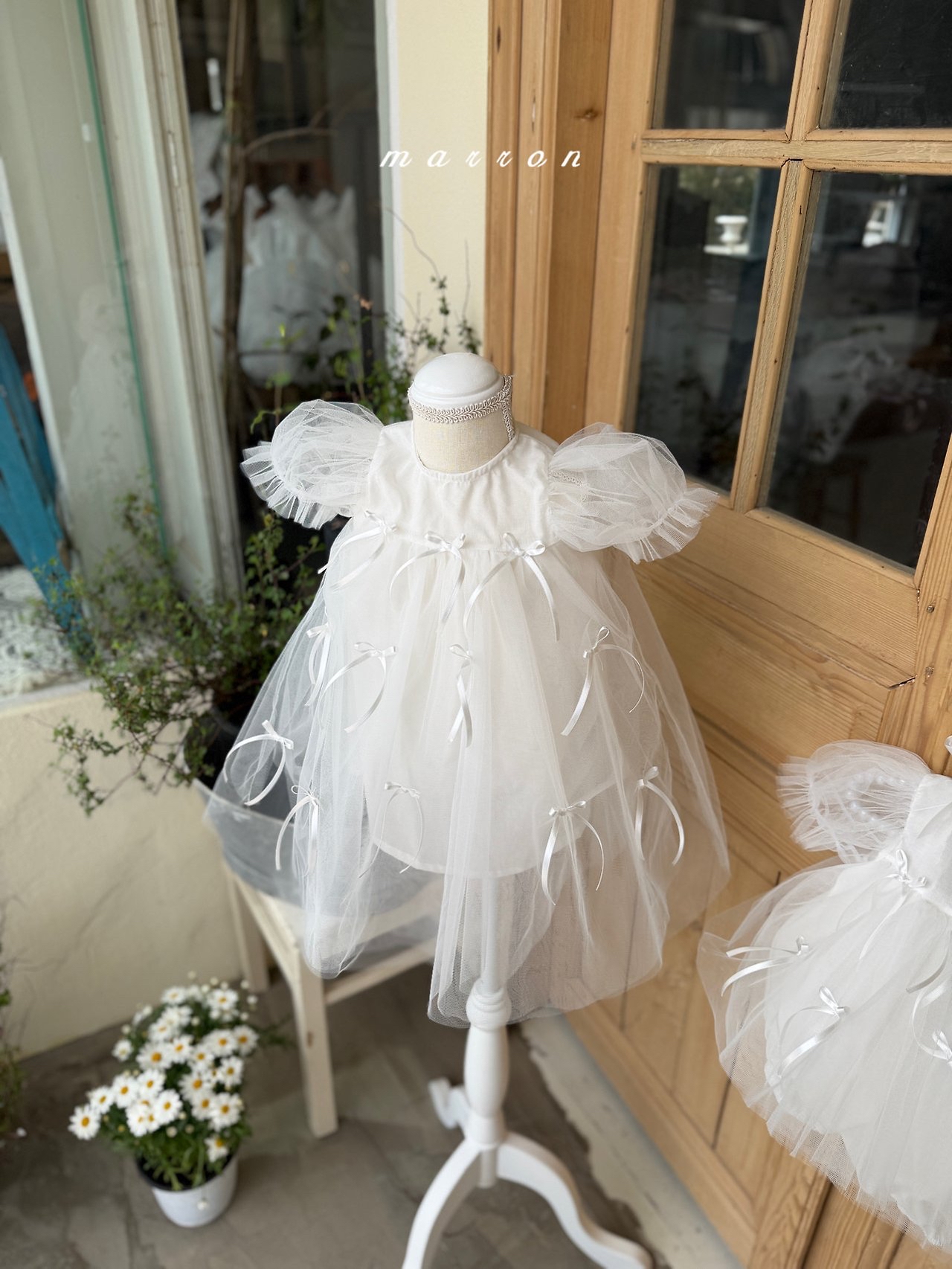 ☀️預訂 韓國直送☀️🇰🇷Marron兩色絲帶薄紗泡泡袖連身裙