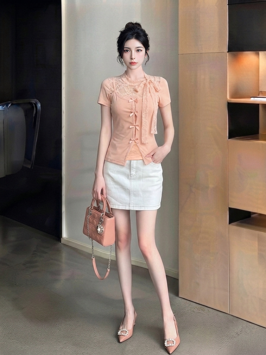 Mesh Lace Fake Two-Piece Top M234