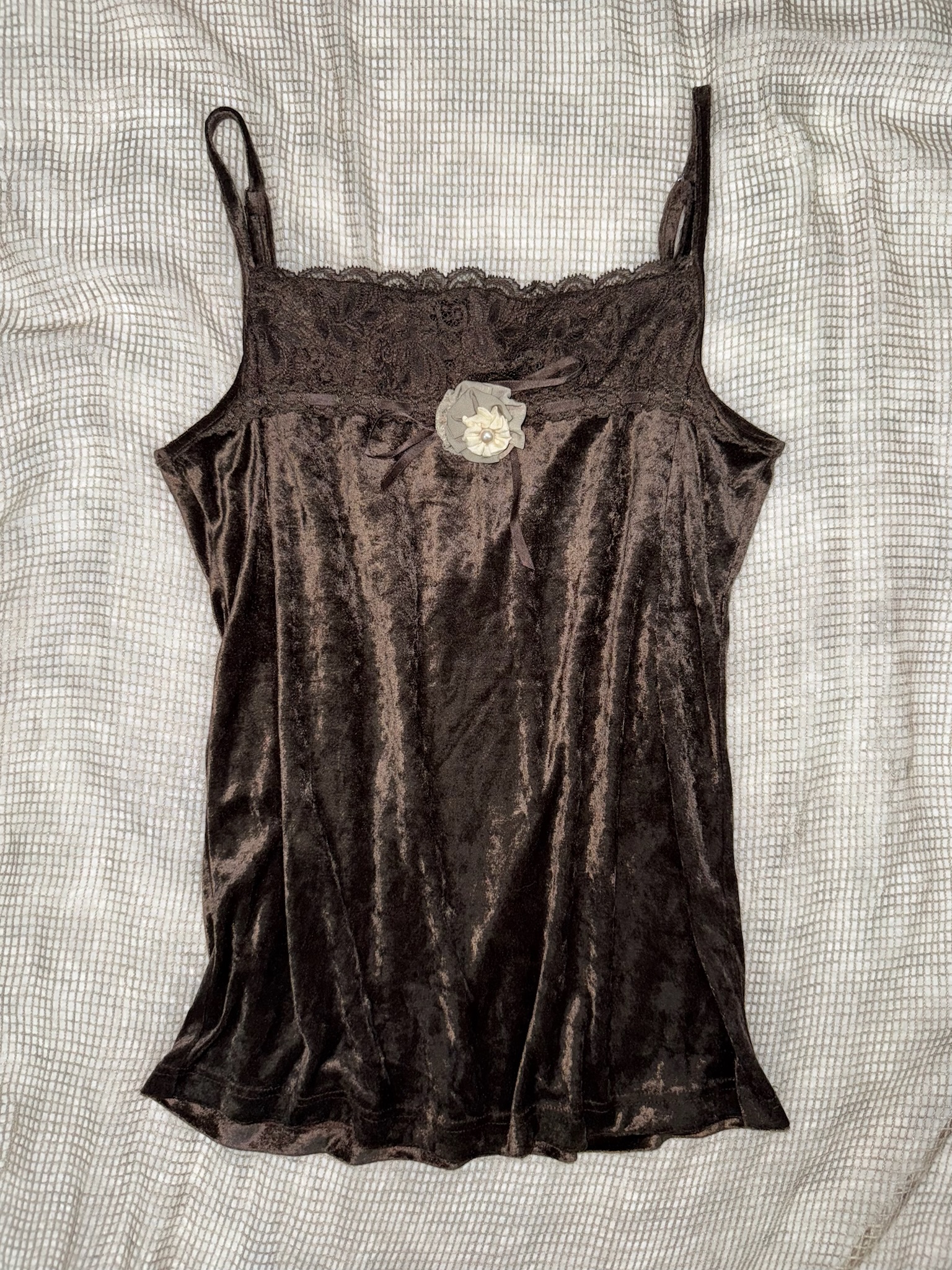 Lace-Trim Square Neck Floral Detail Velvet Top