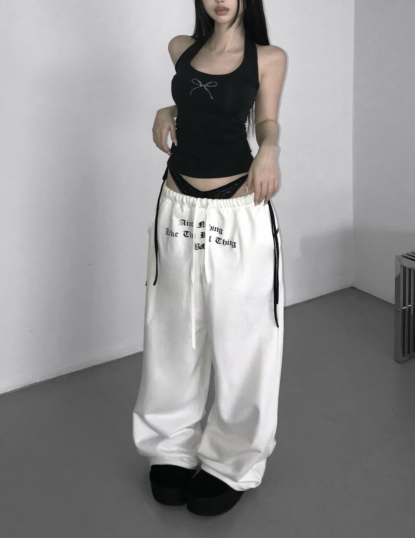 Layered Lace Waist Graphic Wide Leg Pants