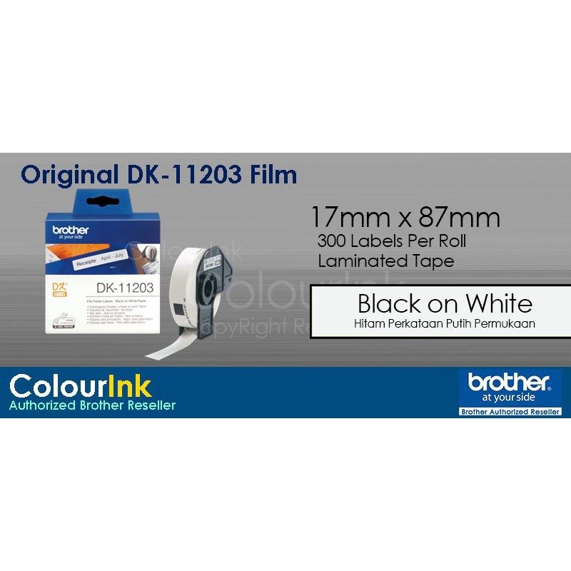 Brother Original Label Film Tape DK11203 (Black On White)QL550/QL570/QL700/QL720/QL800/QL820NWB/11203/DK 11203/DK-11203