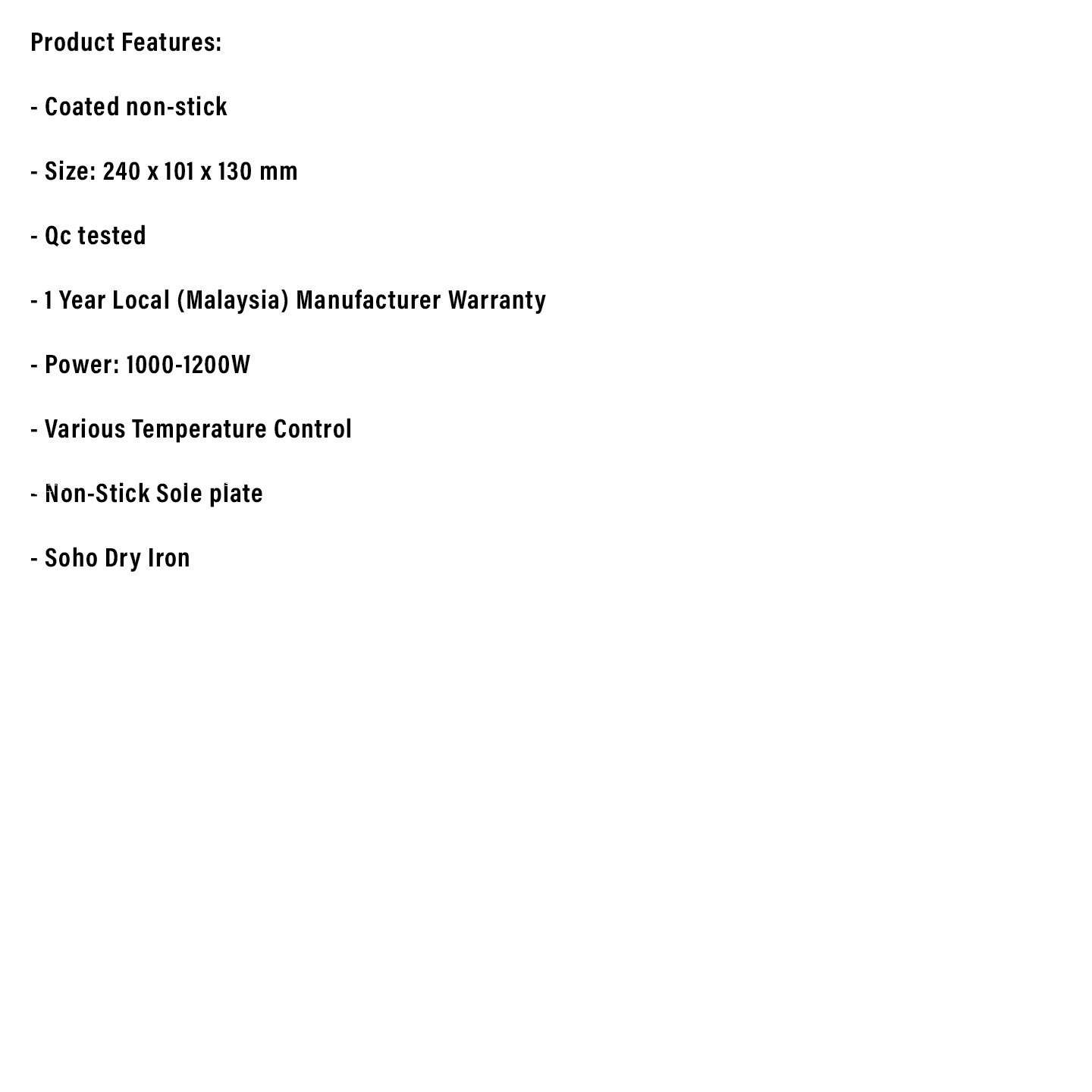 Milux 1200W Non-Stick Dry Iron (MDI-1300)