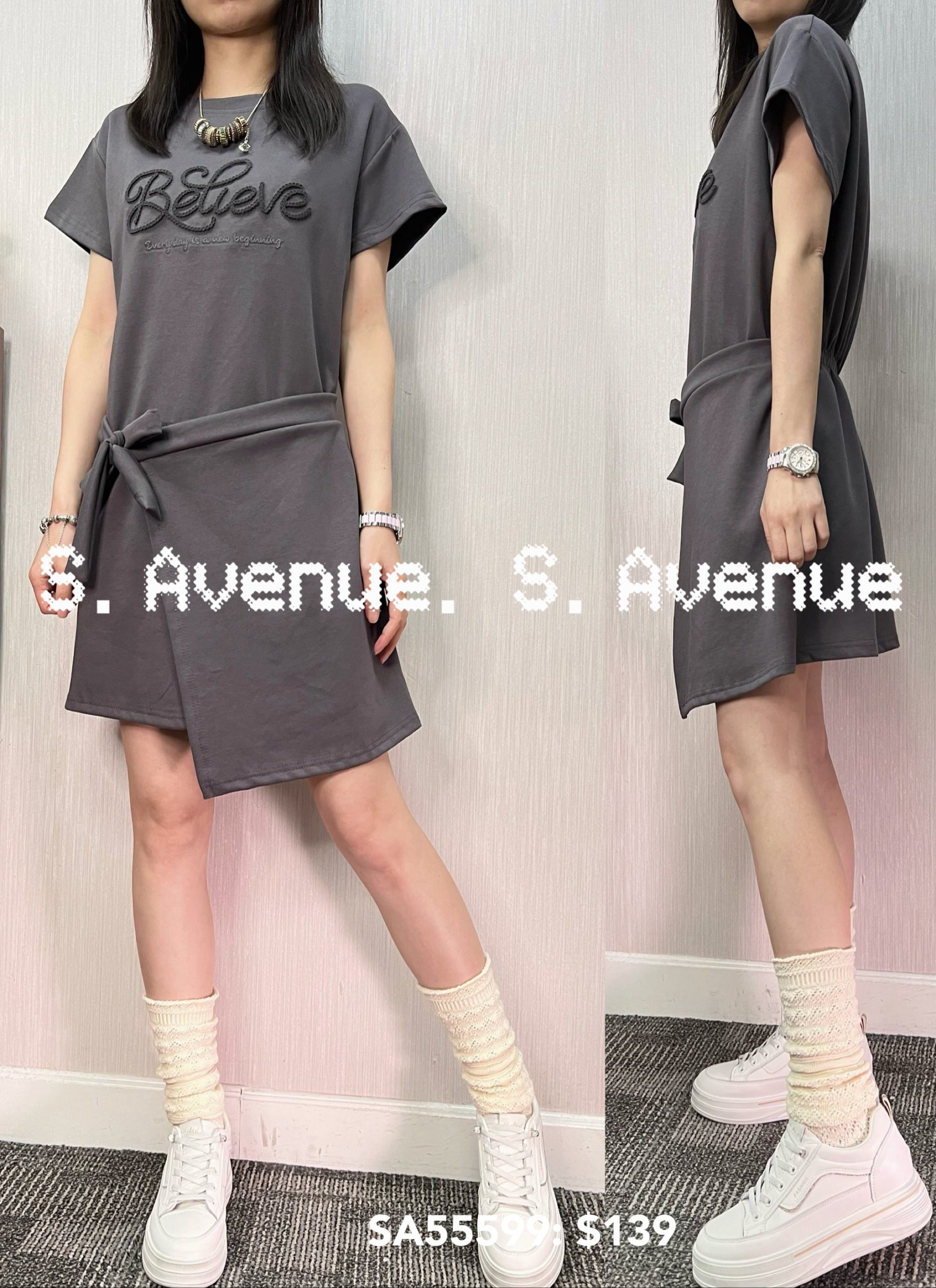 SA55599: 短袖繡Believe前打結不規則op