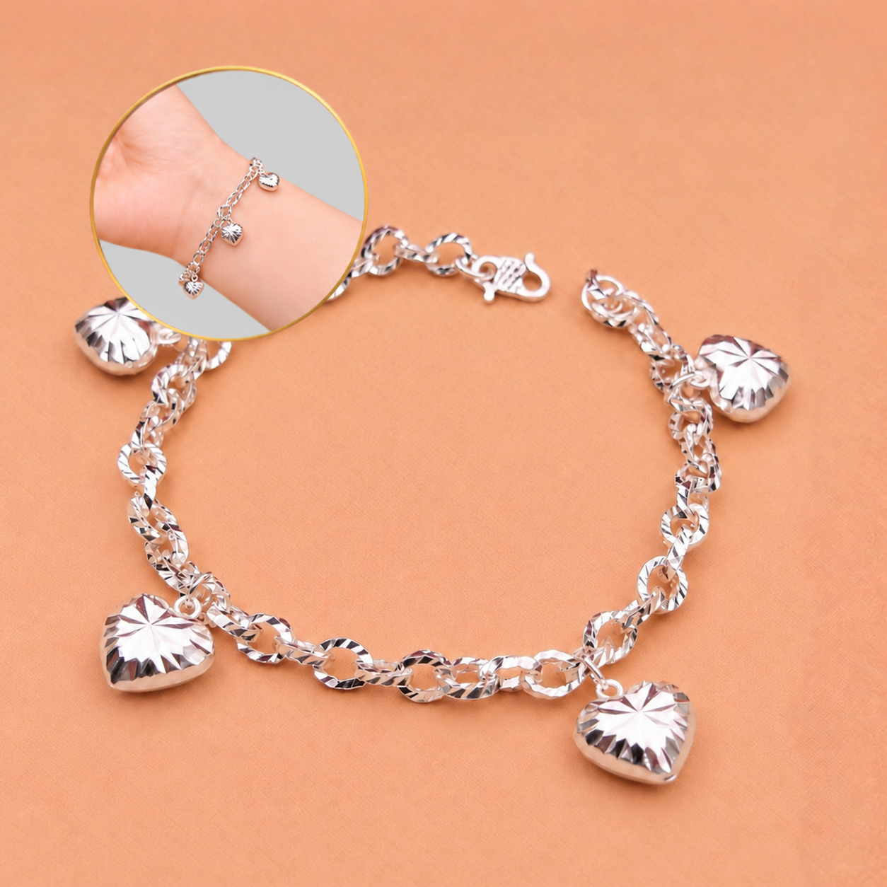 LB2017 Diamond cutting Heart Shape Pendant & Chain Bracelet