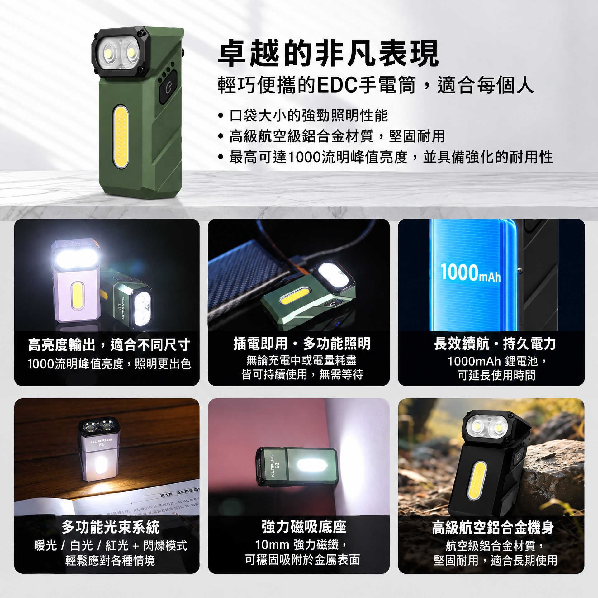 Klarus E8 金屬可旋轉燈頭的 EDC 手電筒