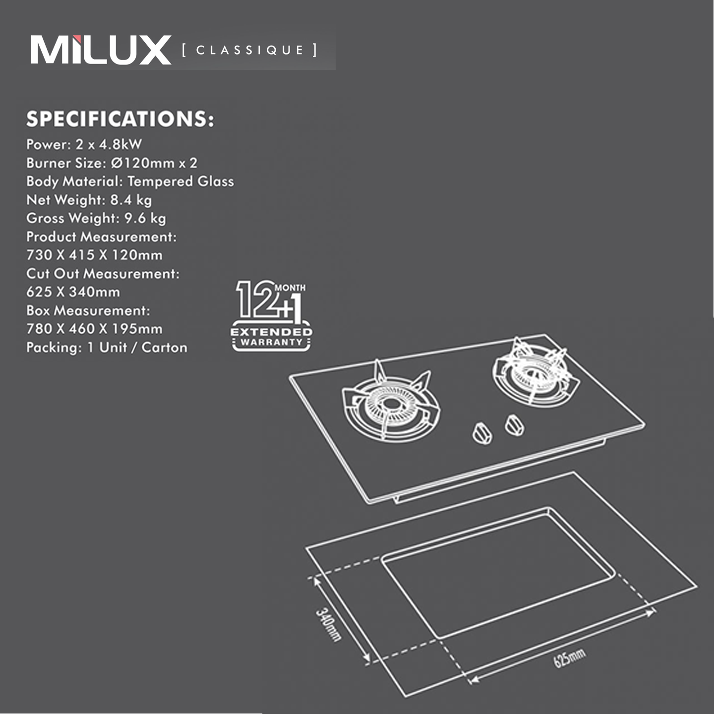 Milux 4.8kW Tempered Glass Built-in Hob (MGH-233)