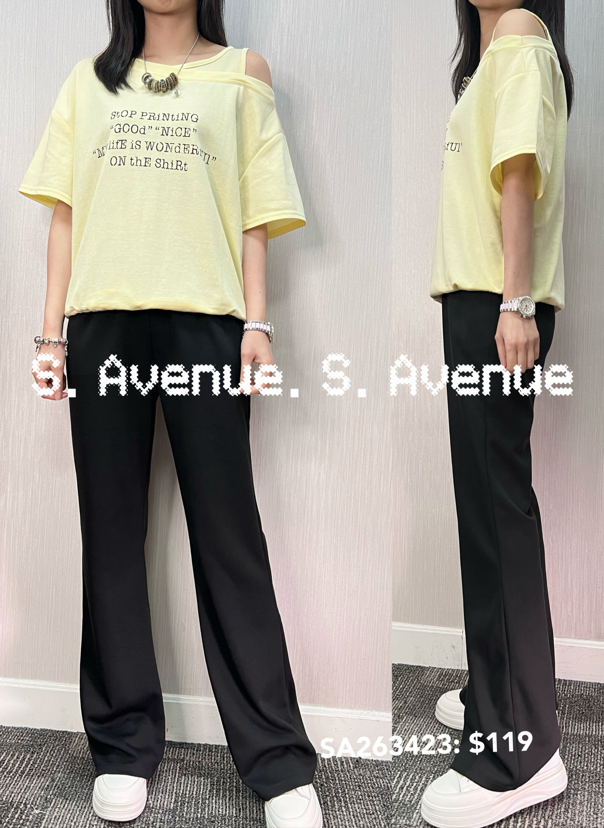 SA263423: 單邊露膊英文字束腳tee