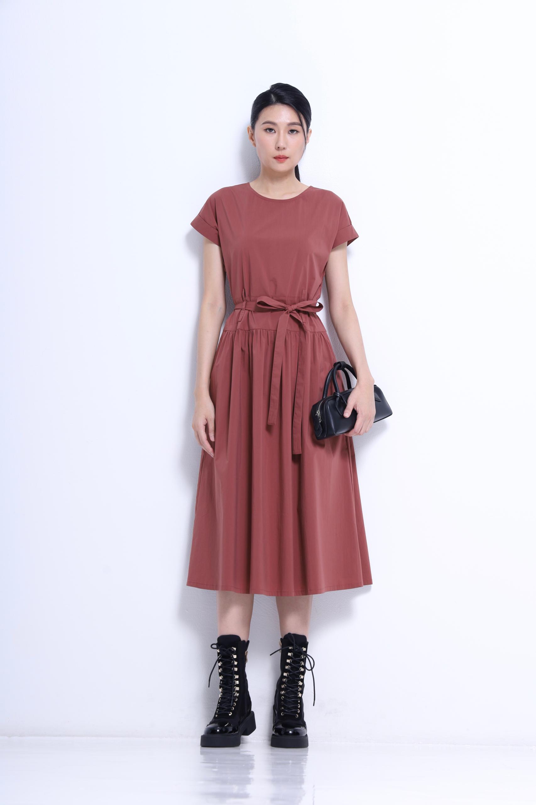 CD2157 ROUND NECK TIERED FLARE MIDI DRESS