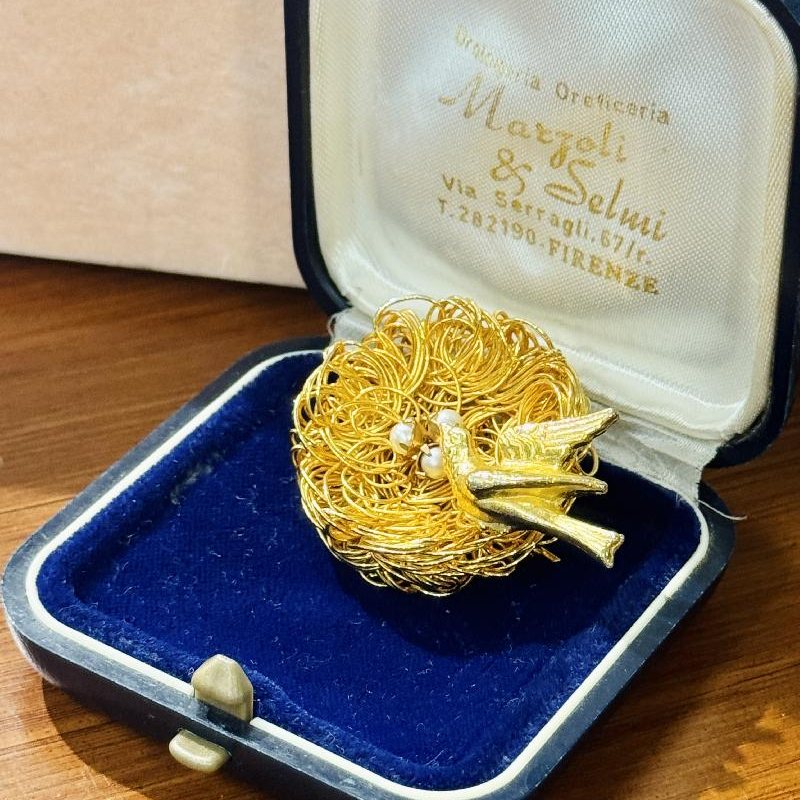 Vintage Wired Bird Nest with Pearl Egg Brooch (C055)