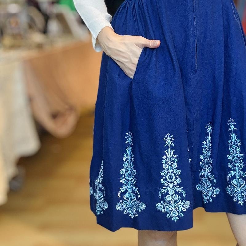 Vintage Embroidered Blue Dirndl Dress - Size S/XS
