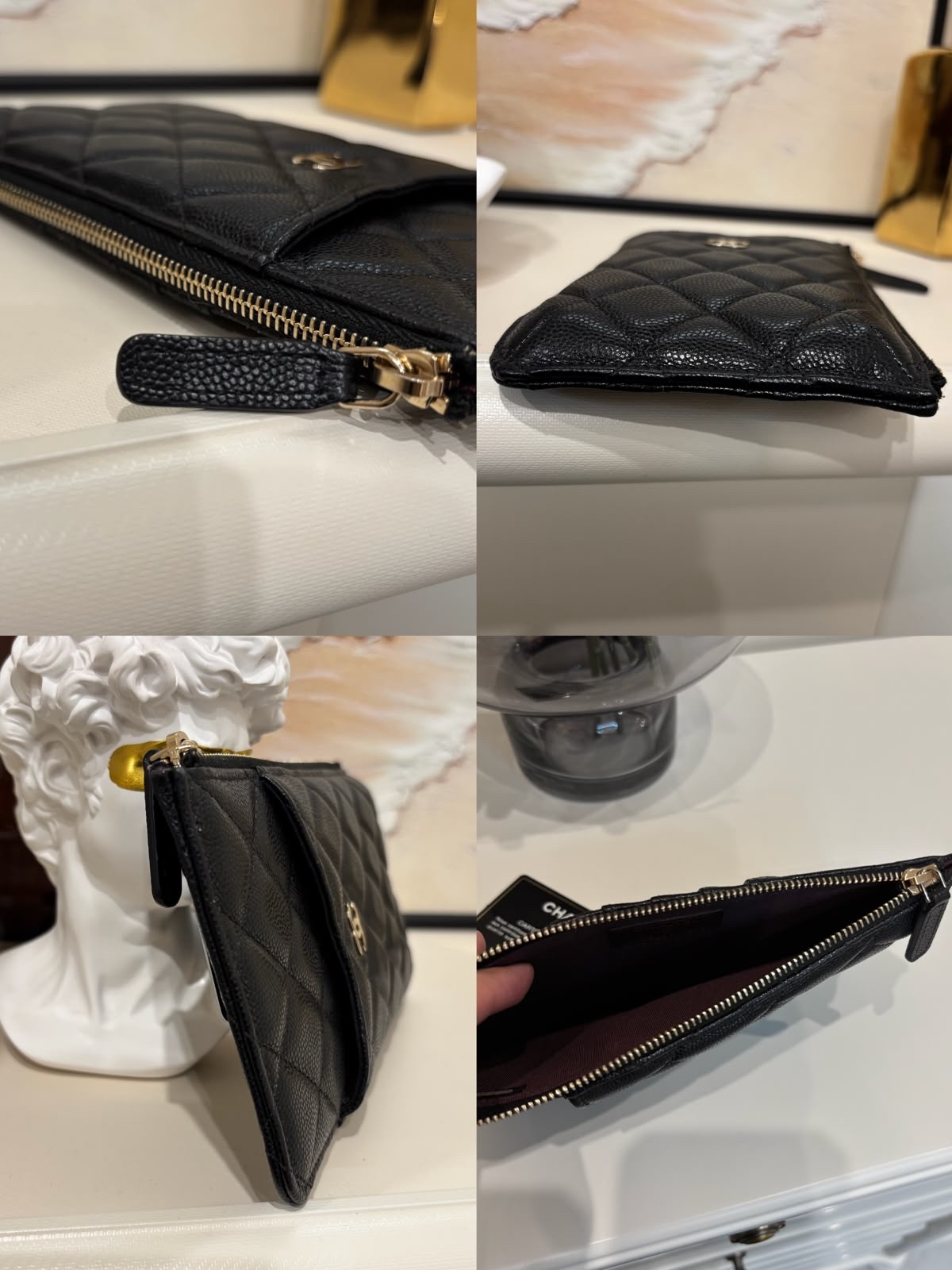 Chanel zip wallet phone pouch 黑色荔枝牛皮金扣 9100%Authentic,98%new✅card ✅dust bag 