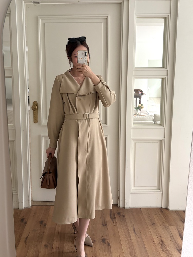 Classic Flared Trench Dress (Warm Beige)