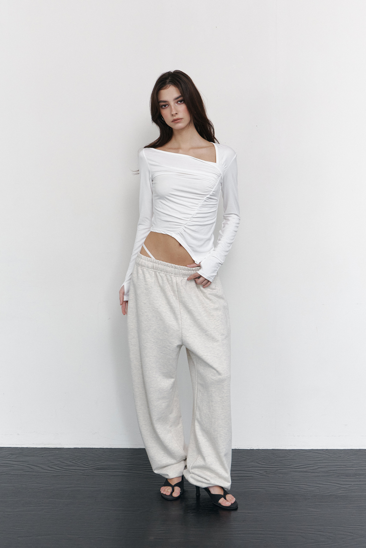 pleaseNOFOLLOW - Sadie Unbal Shirring Long Sleeve Top (White)