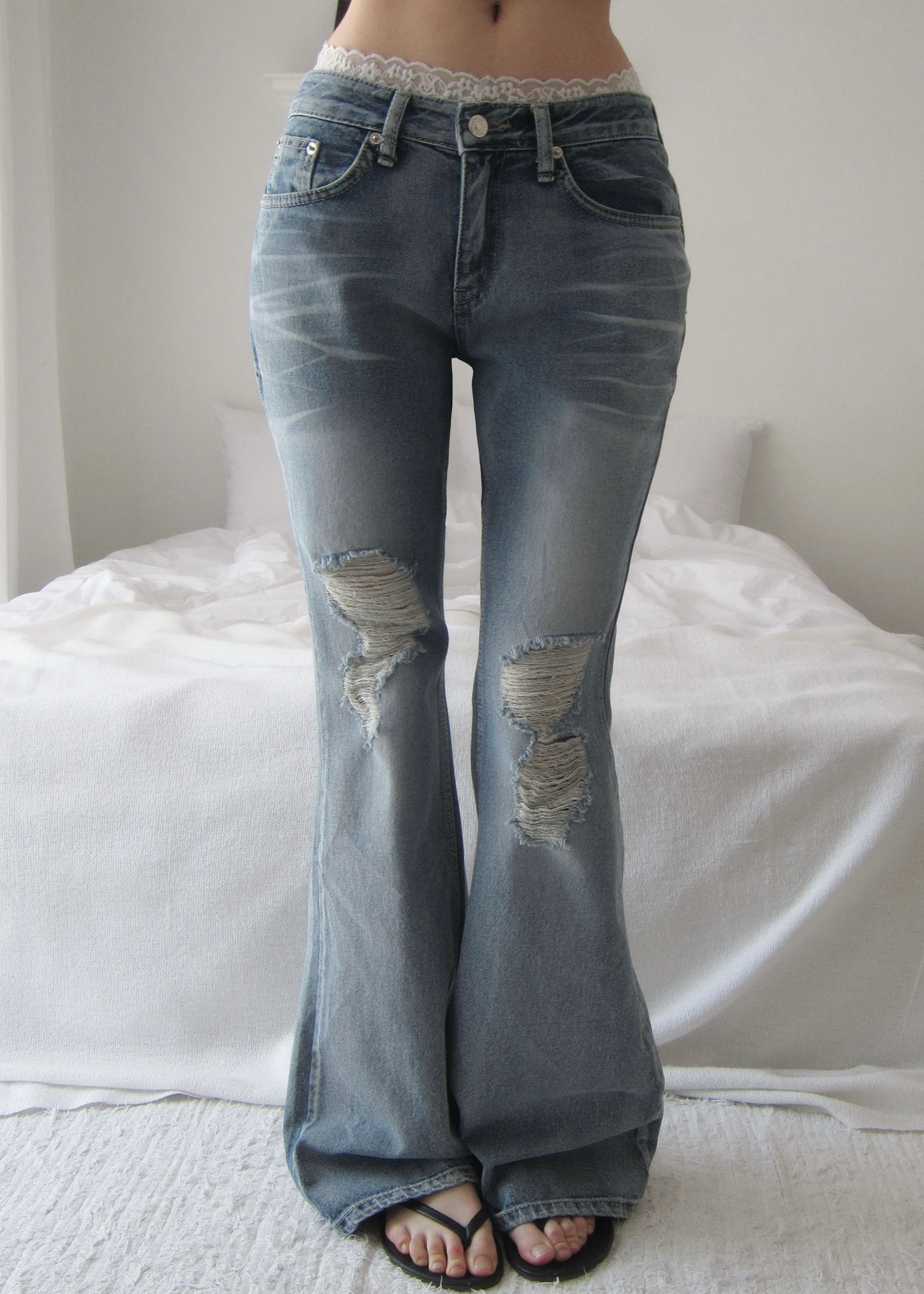 Washed Distressed Flare Jeans