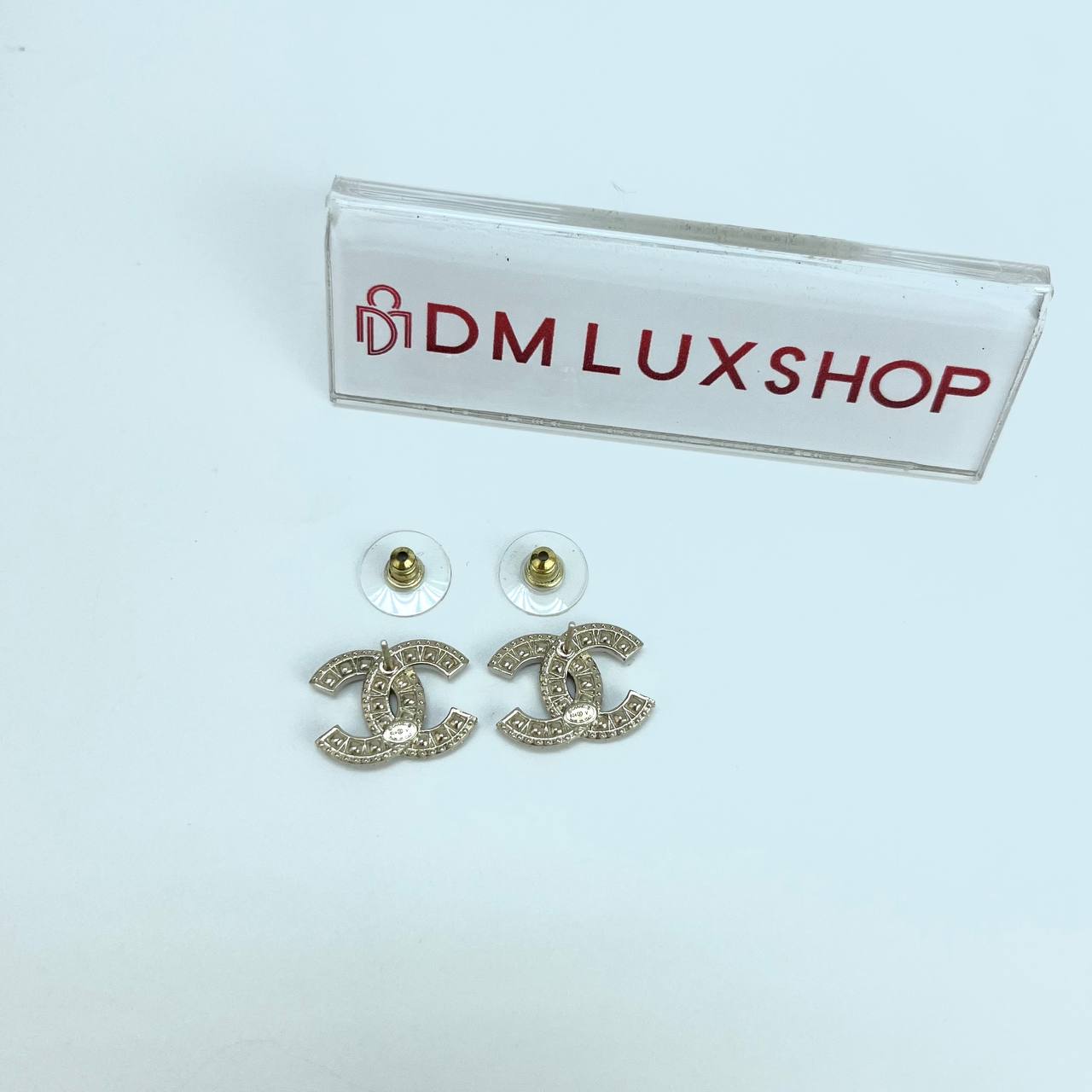 Chanel Champagne Gold CC Stud Crystals Earrings 