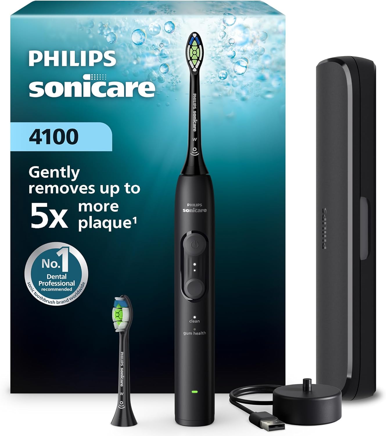 Philips Sonicare 4100 系列電動牙刷 - 聲波牙刷，附壓力感應器，4 種刷牙模式，EasyStart 啟動功能，智慧型計時器，旅行盒 HX4044/52，黑色 Philips Sonicare 4100 Electric Toothbrush with  4 Brushing Settings HX4044/52, Black