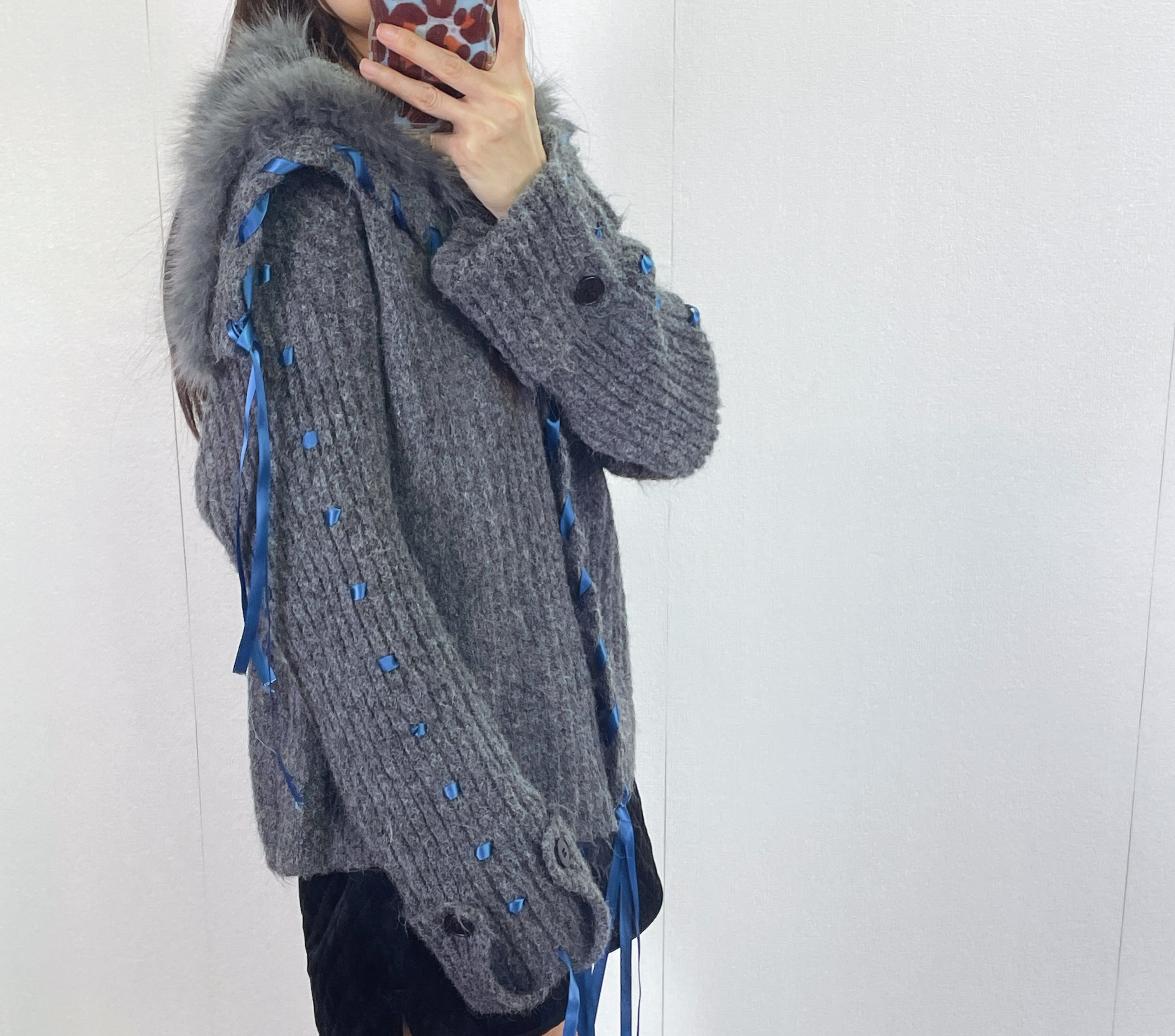 K5531 毛毛領拼絲帶針織外套