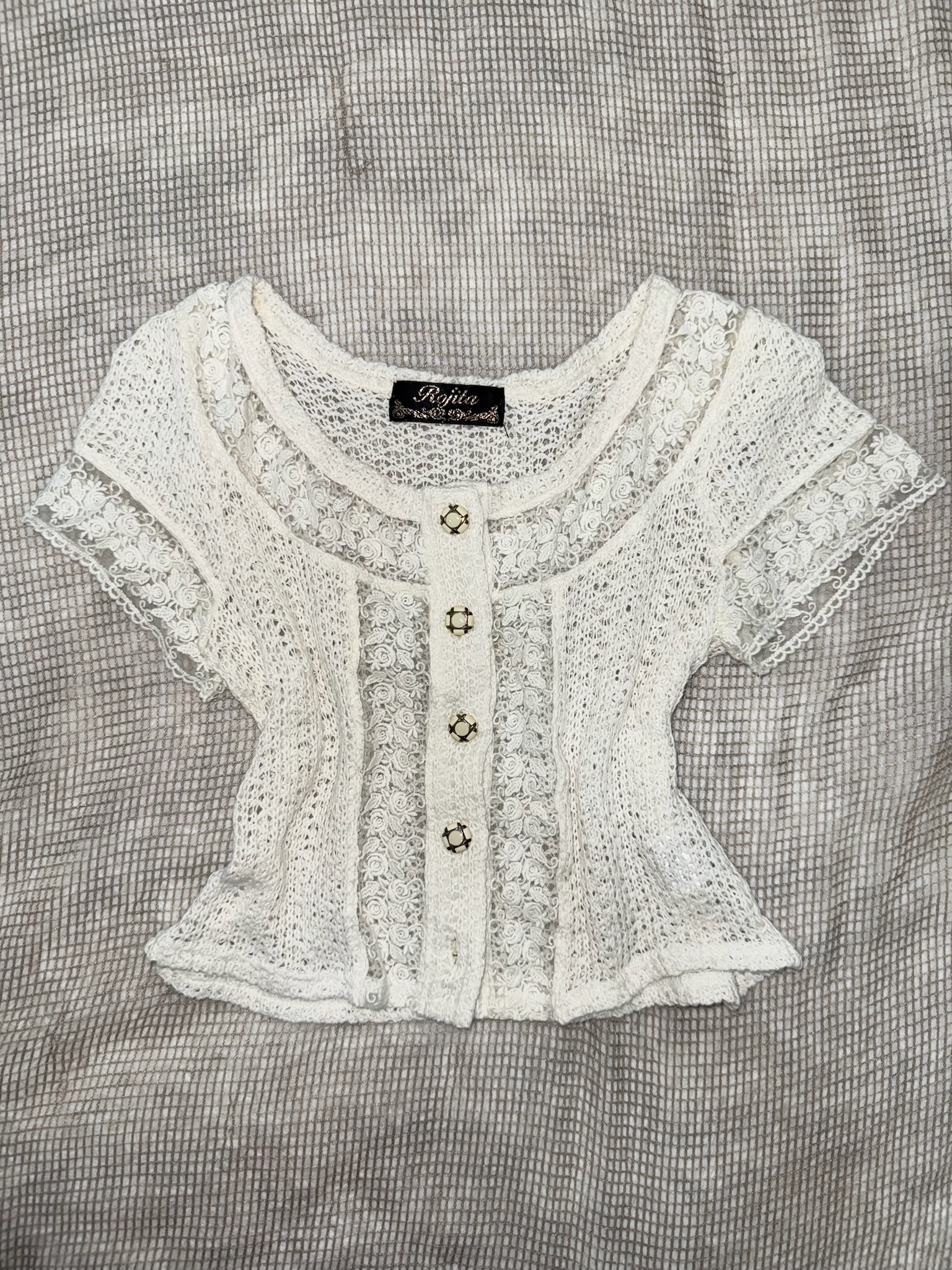 Cream Short-Sleeve Crochet Lace Blouse with Ornate Buttons and Floral Trim