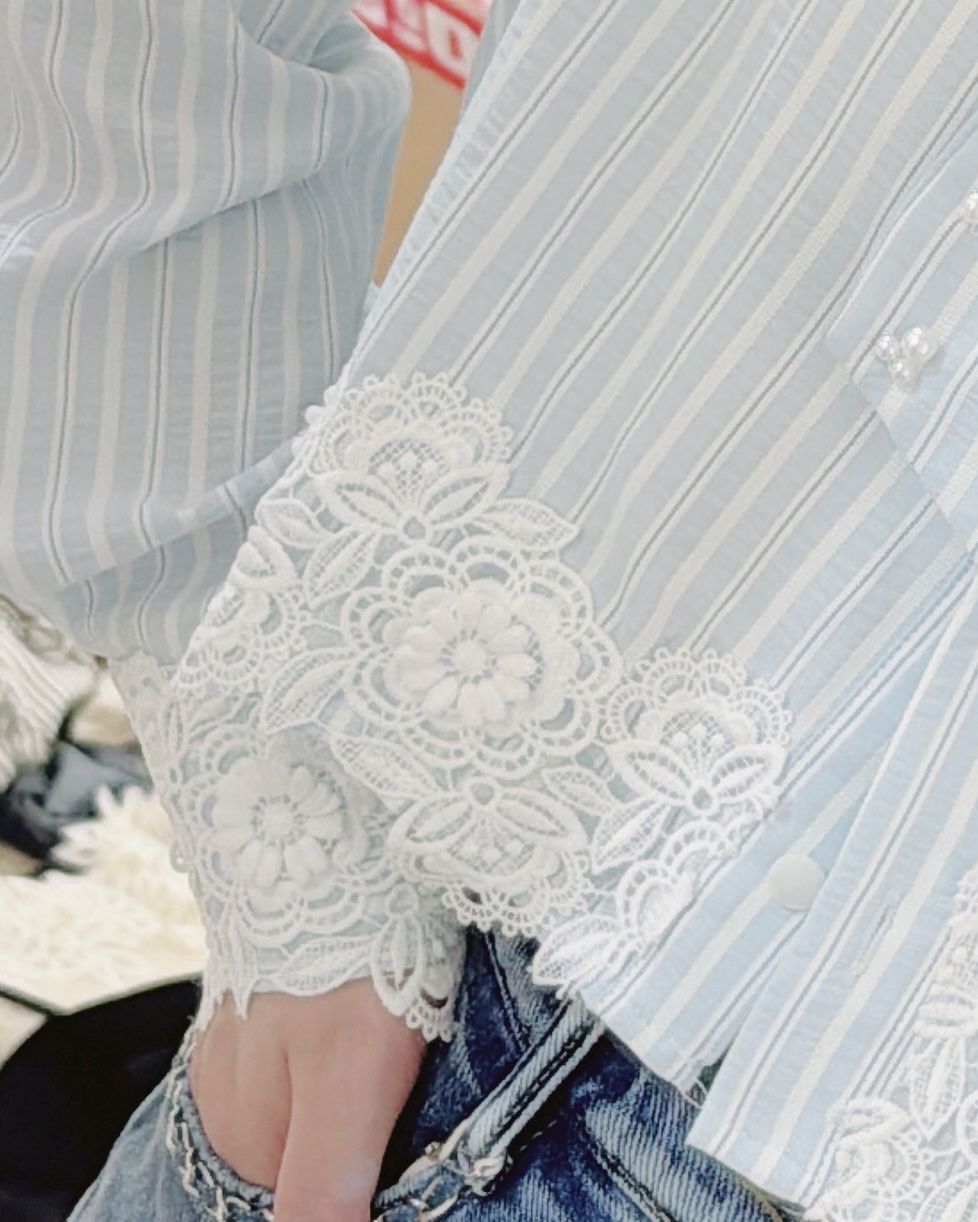 Striped Lace Blouse with Pearl Bow