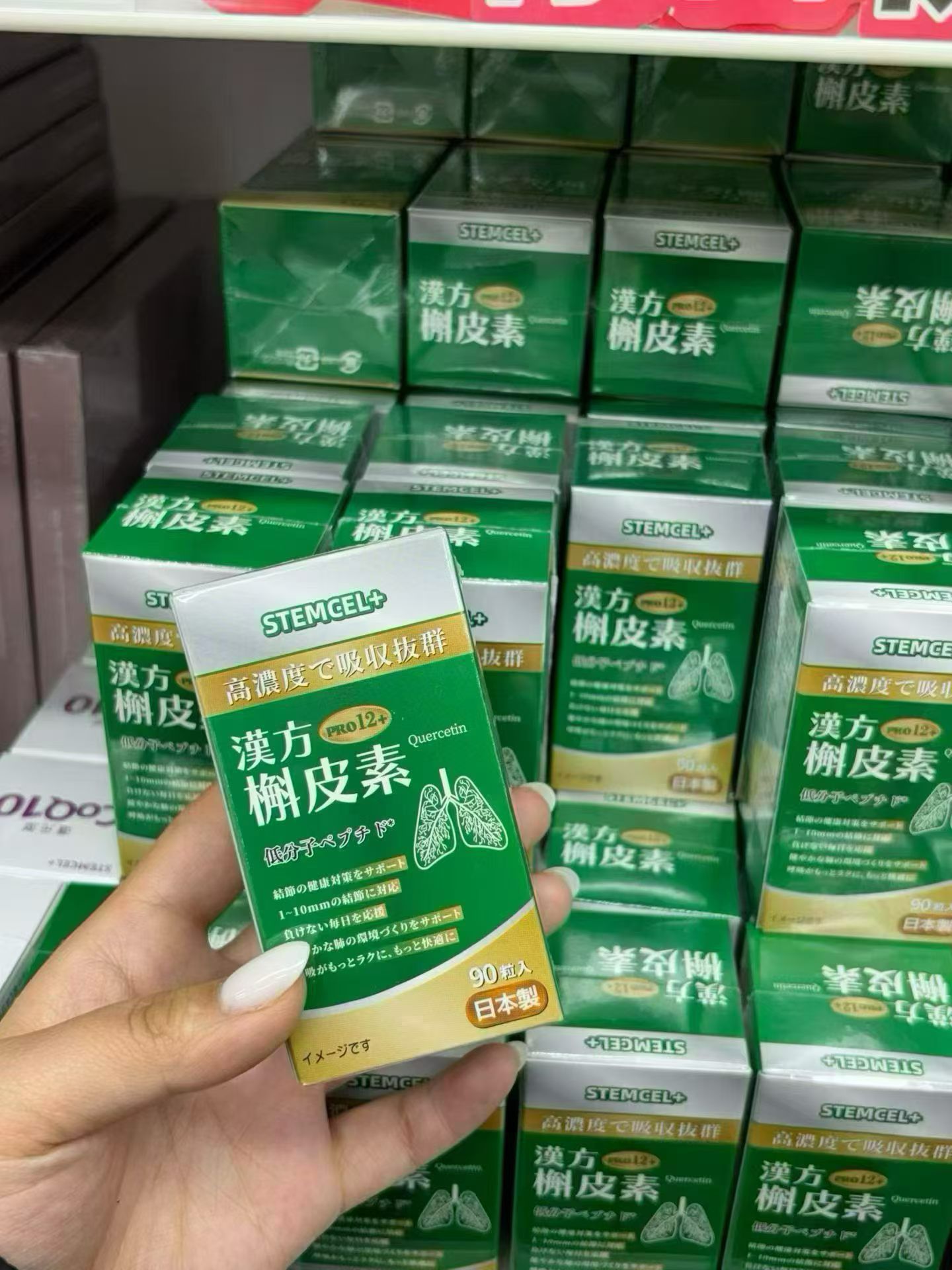 🌿STEMCEL+漢方槲皮素/90粒，日本製造，主打高濃度吸收，適合關注呼吸健康的朋友。 包裝有肺部圖案，功能一目瞭然✨。每盒90粒，建議每日1-2粒!槲皮素是天然植物成分，具有抗氧化和抗炎作用，適合長期調理身體。