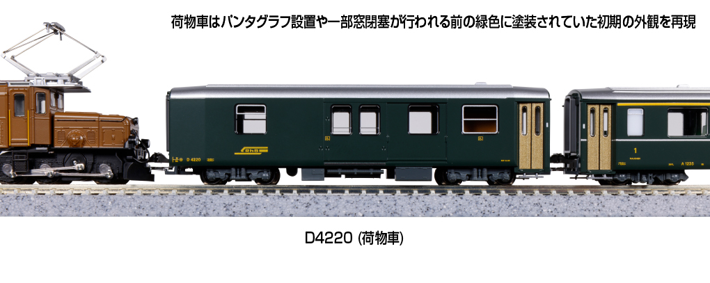Kato N 9mm 軌 Ge6/6-I <雷蒂亞鱷魚> & 阿爾卑斯山綠色客車