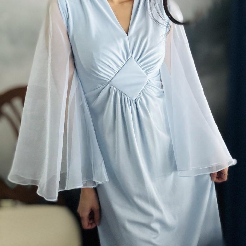 Rare! 1970s Powder Blue Chiffon "Angel Sleeves" Maxi Dress (MT2525）