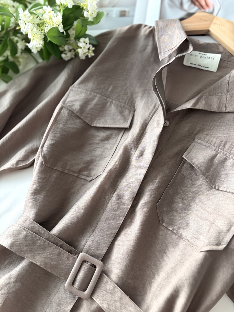 Feminine Belted Pocket Blouse (Brown)