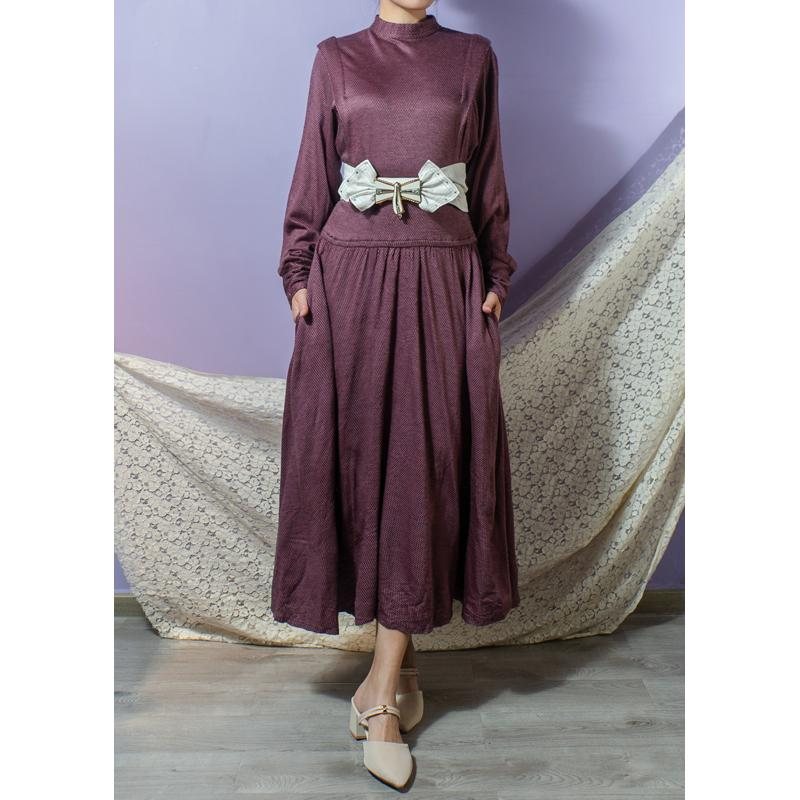 Vintage Made in Taiwan Purple And Black Mini Checked Pattern Low-Waist Long Dress(BG050)