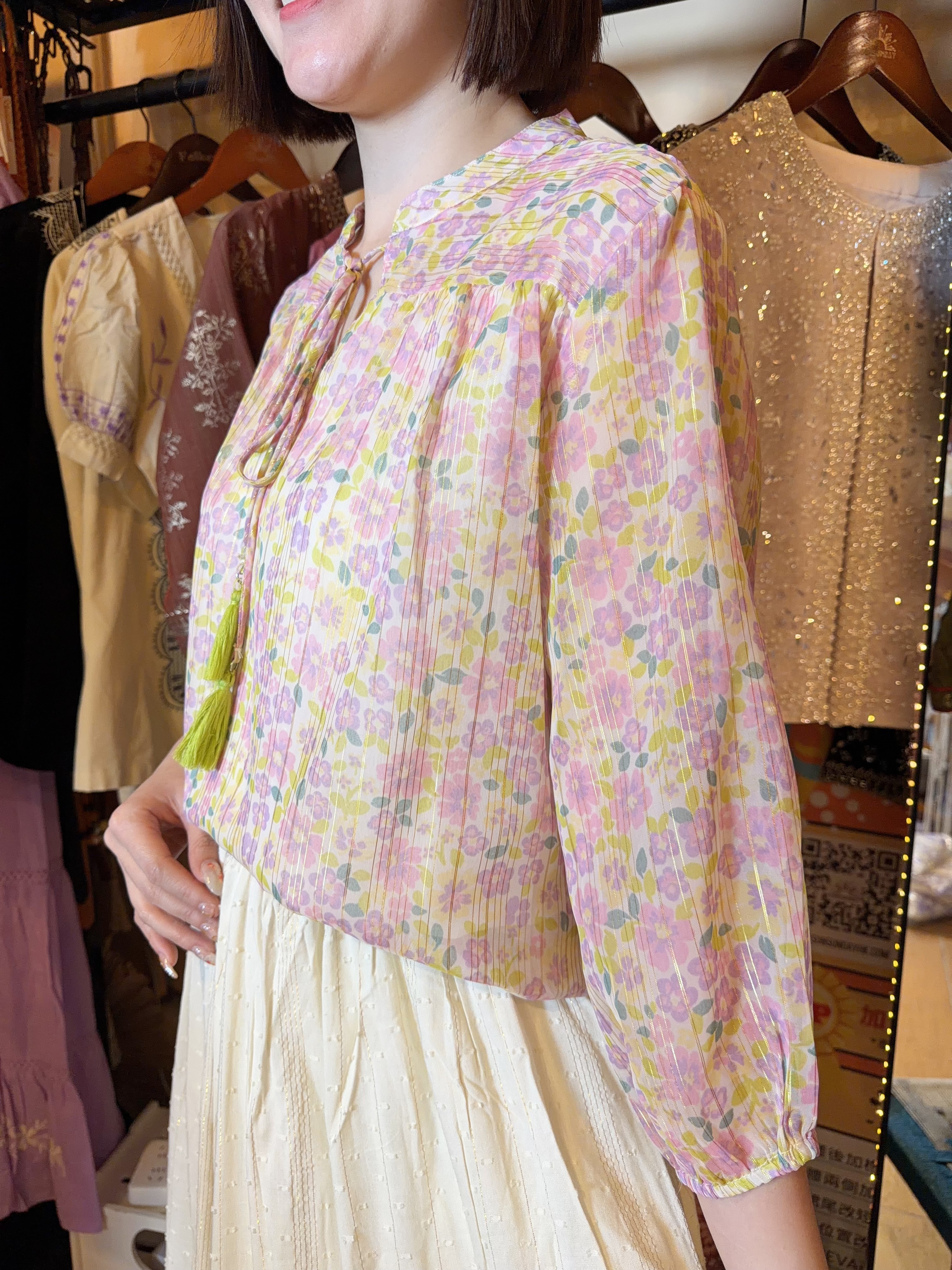 Pink x Purple Chiffon Ribbon Collar Top #1426