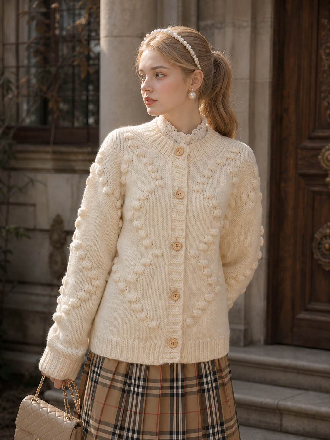 雪國森林的壁爐暖意 ∙ 鉤織立體波紋古董羊毛冷外套 Snowy Forest Fireside Warmth ∙ Vintage Hand-Crocheted Bobble Wool Cardigan