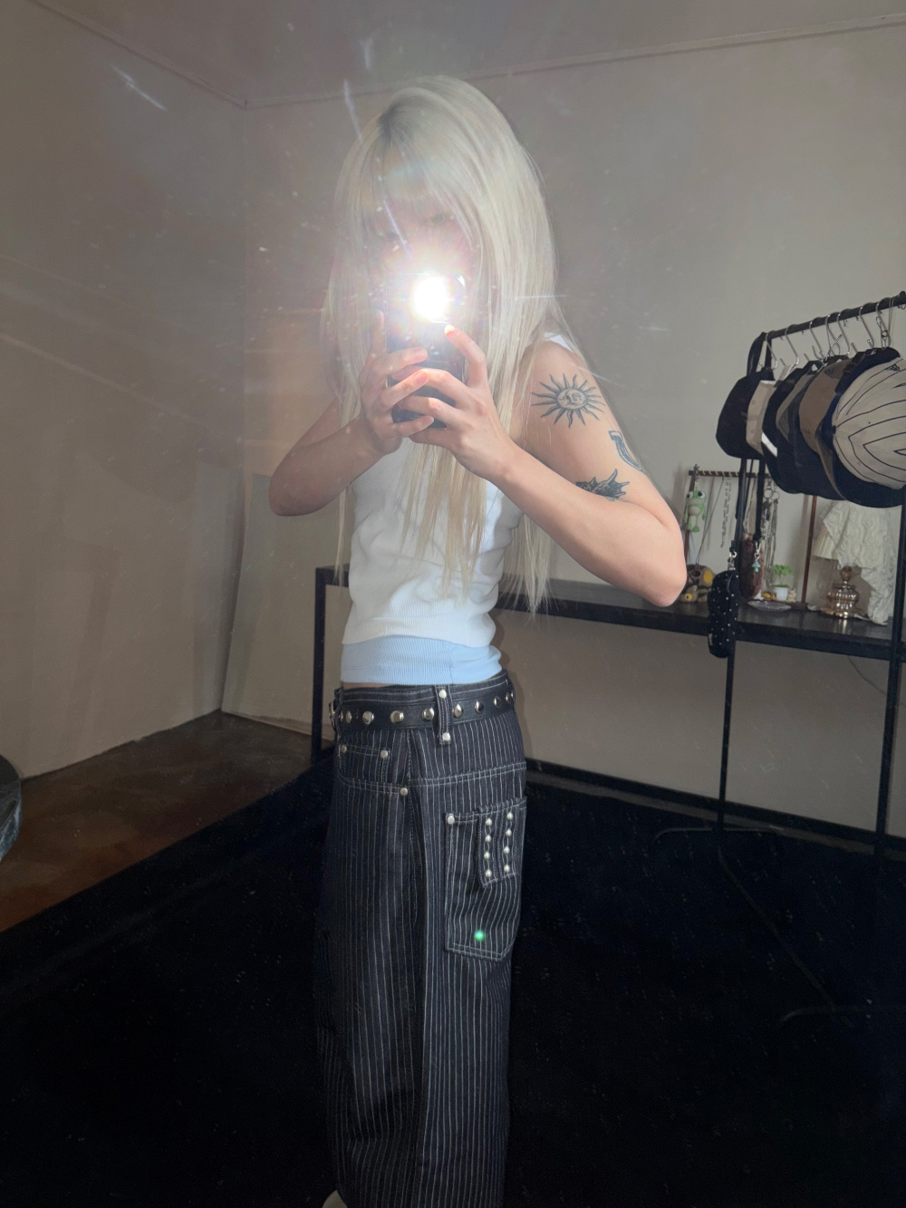 Studded Stripe Wide Denim Pants