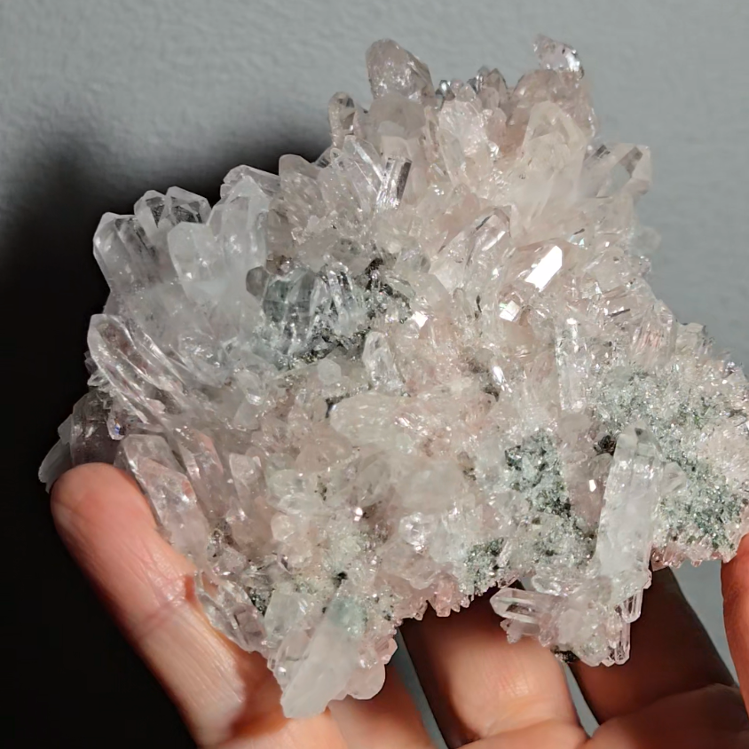 Pink Lemurian quartz cluster with green chlorite, rainbows - LQ189
