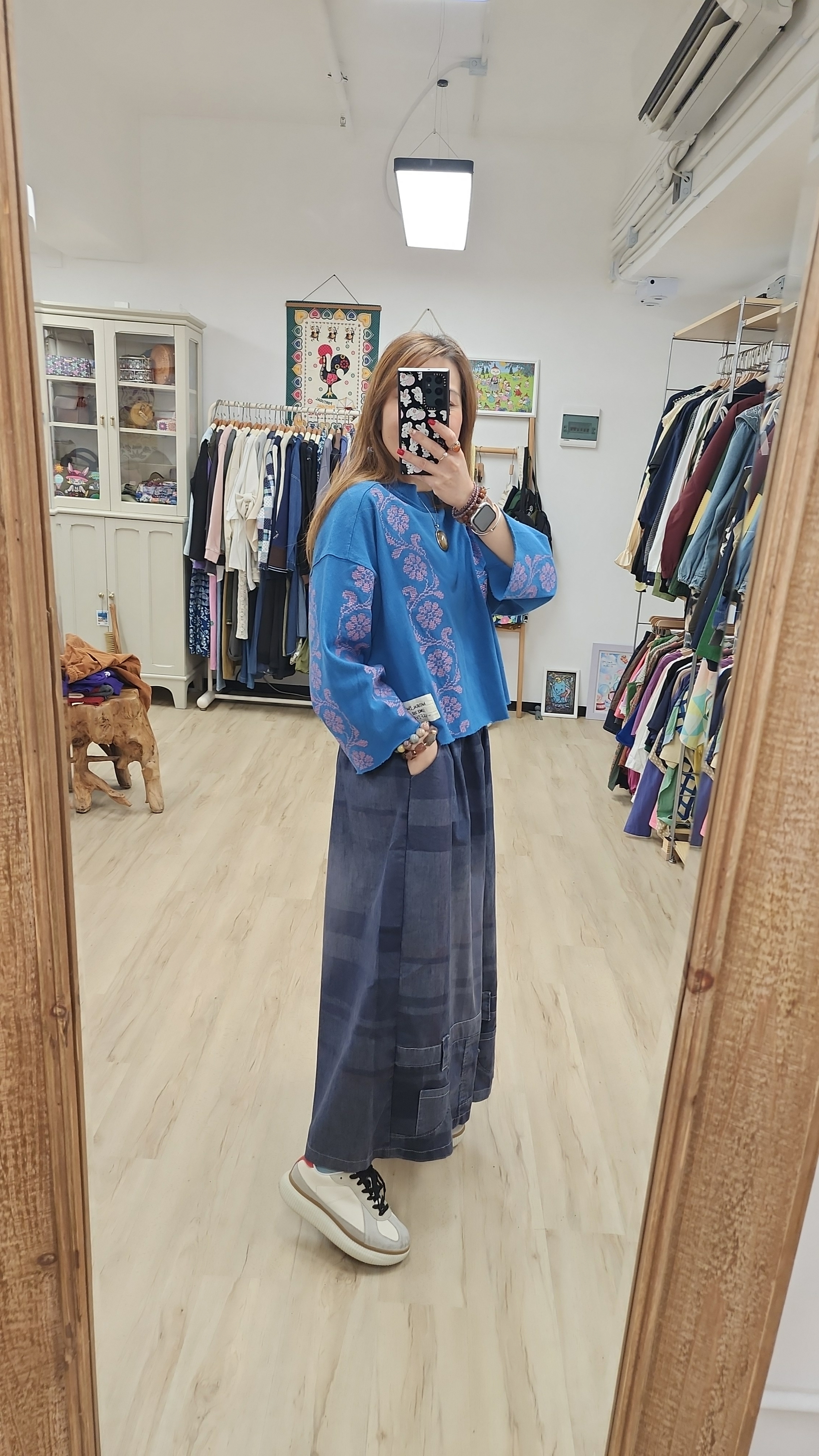 韓國藍色拼十字刺繡花棉Tee