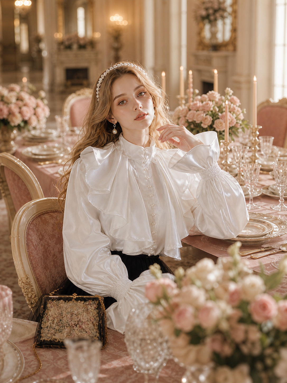 銀河私語維多利亞珍珠荷葉宮廷襯衫Whispers of the Galaxy: Victorian Pearl Ruffle Court Blouse