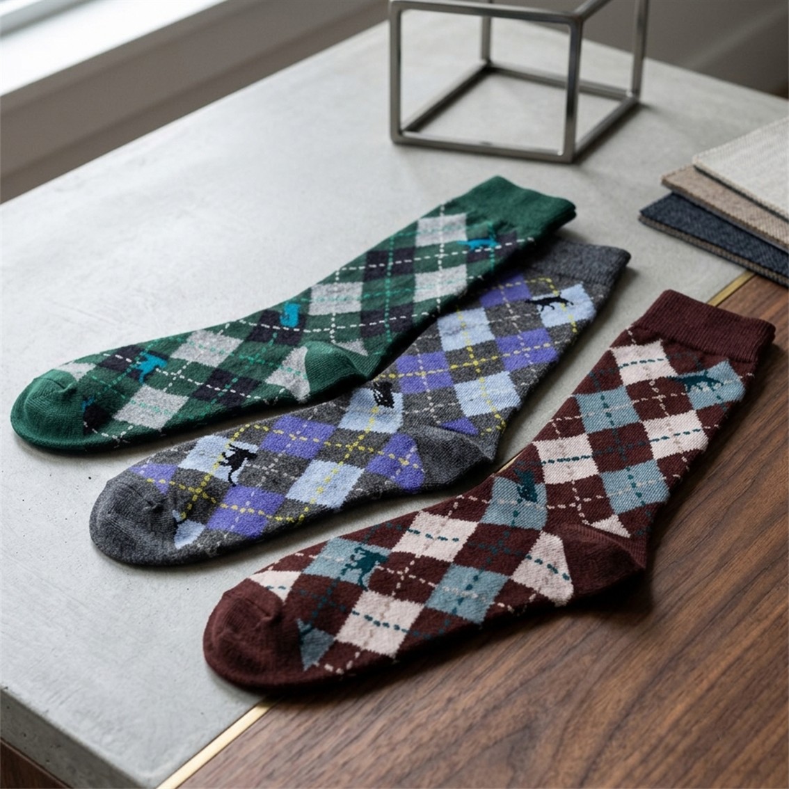 【日本製】經典菱格紋(Argyle check)隱藏貓貓抗菌防臭襪(男裝)