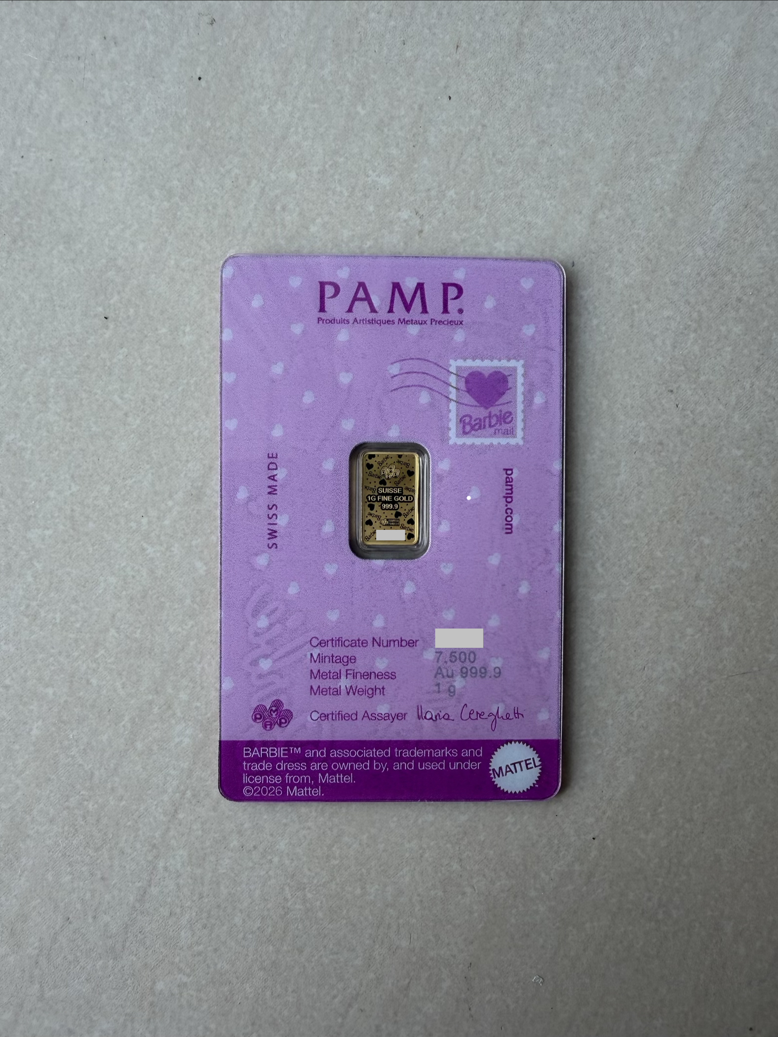 (SN7076) PAMP Valentine’s Barbie V2 1g 🇨🇭Swiss Fine Gold Bar Emas 999.9 芭比