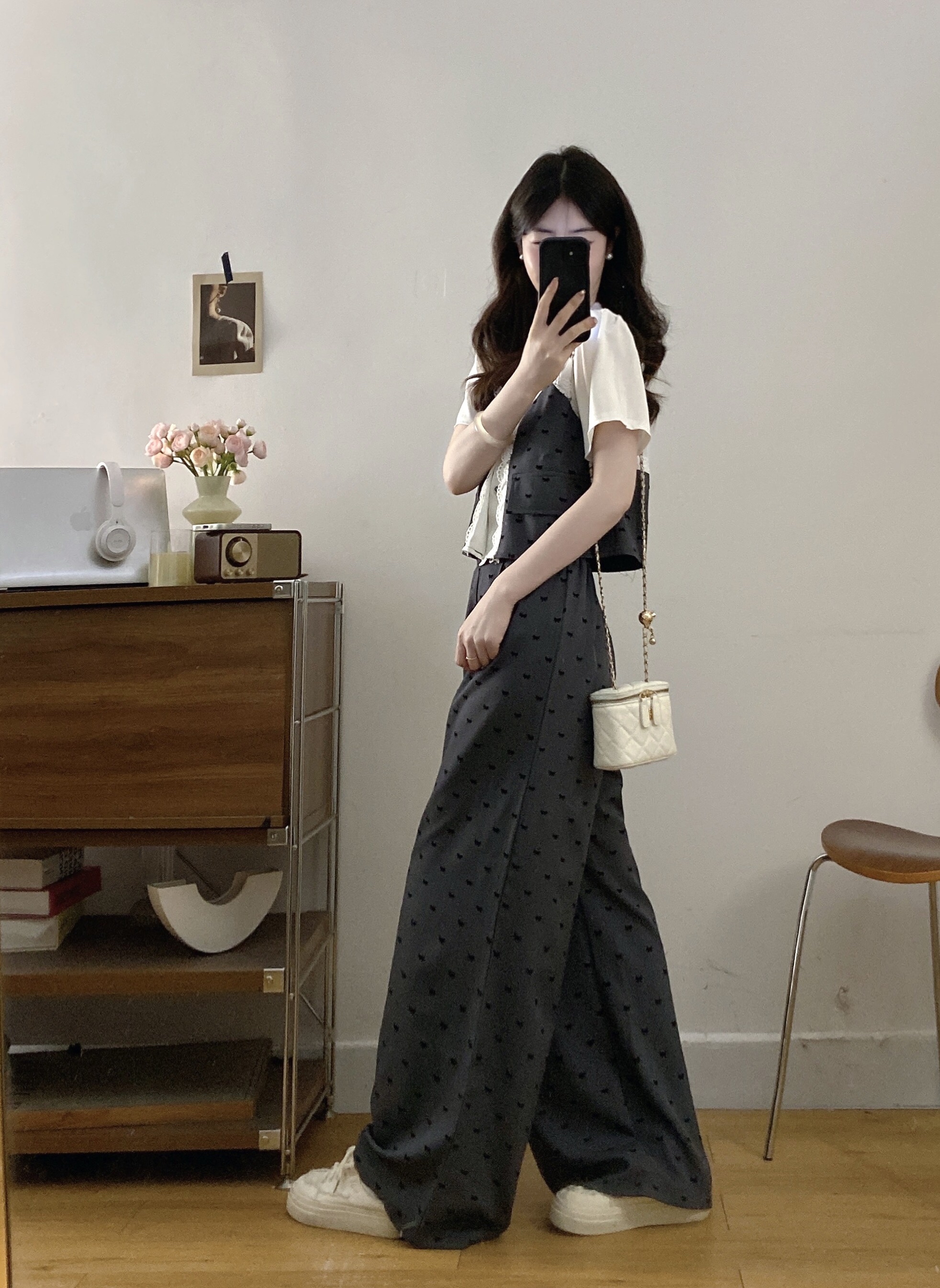 B257(3095) 韩版时尚假两件衬衫拼接吊带蝴蝶结印花上衣与长裤灰套装 