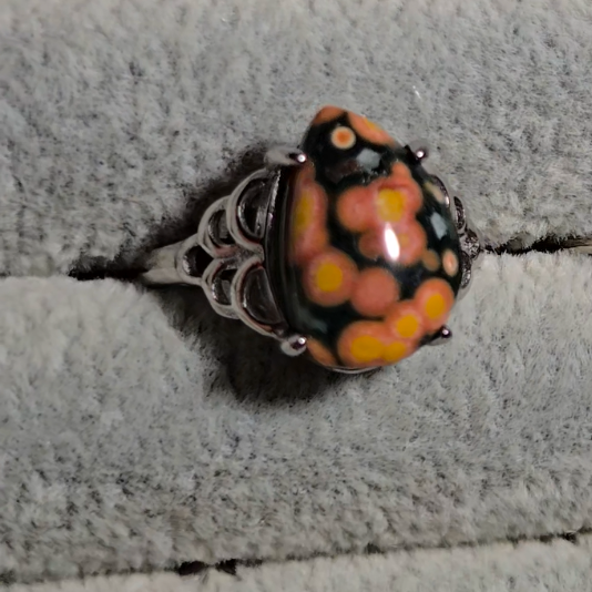 Old stock ocean jasper ring with pink-ringed yellow orbs (A) - JW33