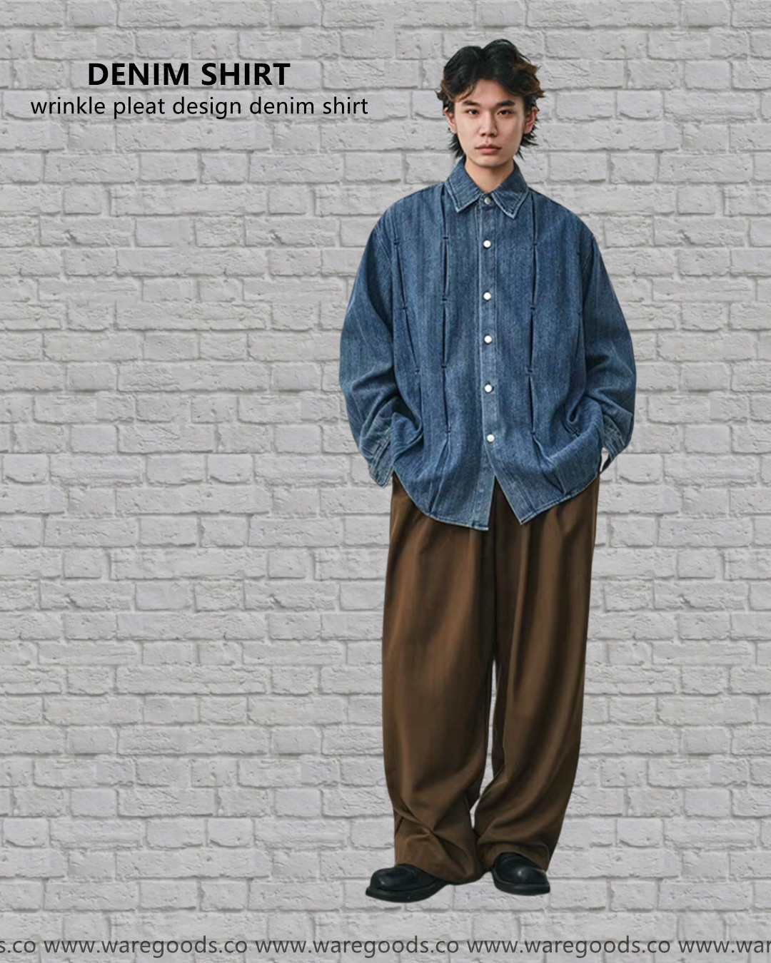 W0315復古打褶設計牛仔恤衫