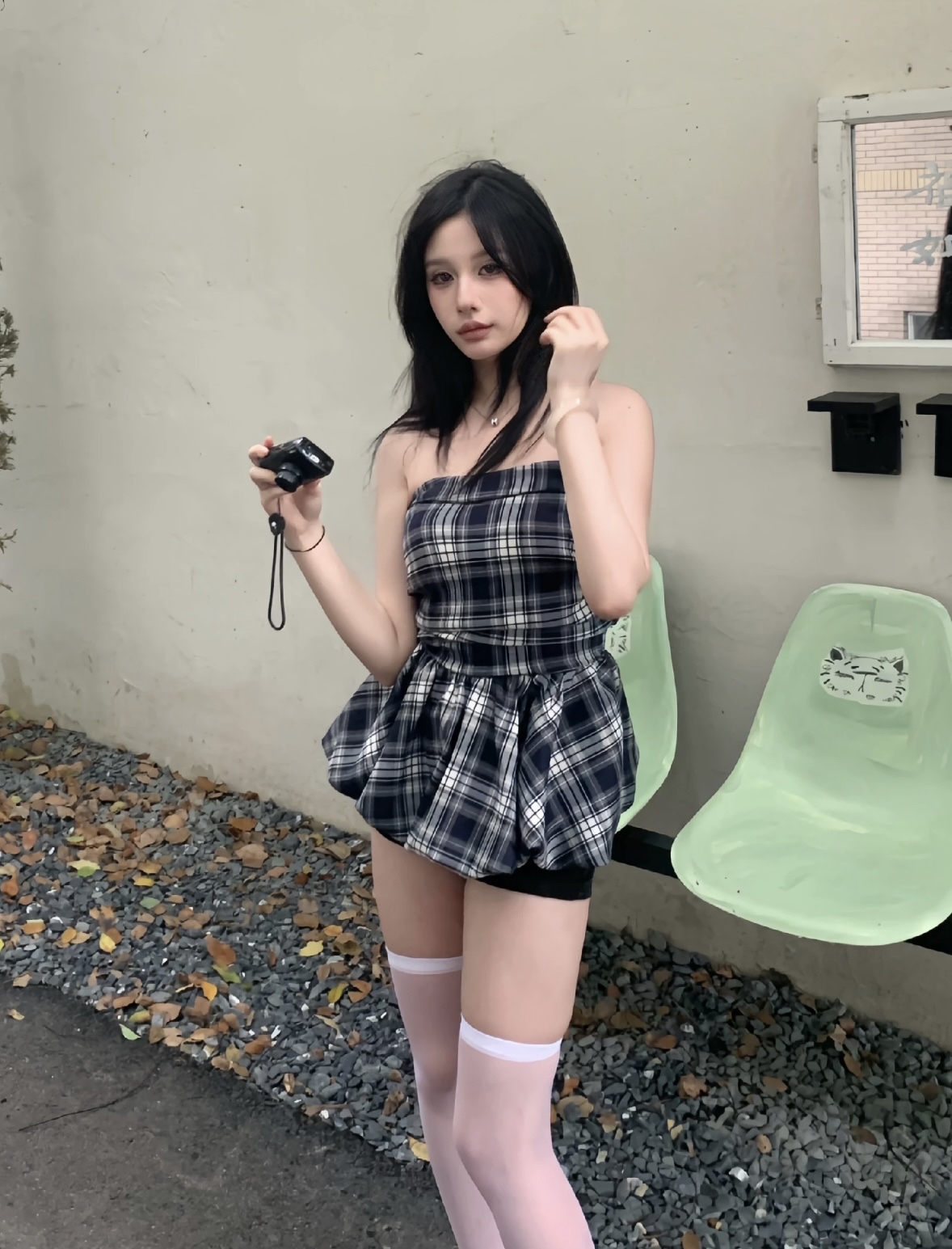 TP475抹胸格子花苞上衣